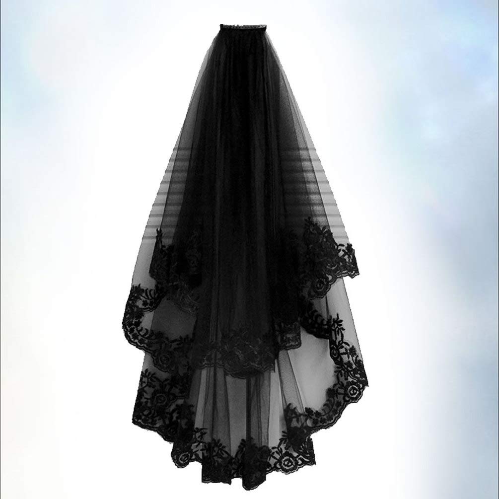 Gothic Cathedral Wedding Veil with Black Lace & Ribbon Border - Elegant Bridal Accessory for Halloween Costume, Studio Decor & Wedding Photography