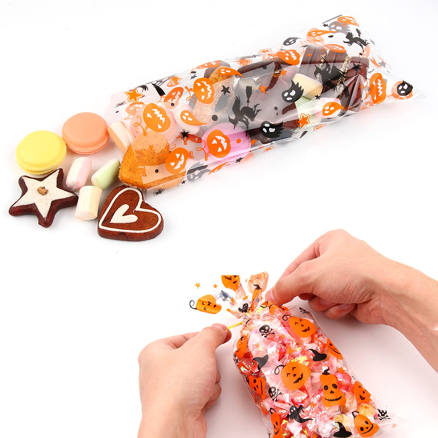 LOMIMOS 150PCS Halloween Cellophane Candy Bags with 300PCS Twist Ties - Clear Plastic Treat Bags for Snacks, Cookies & Party Favors - Perfect for Halloween Parties, Trick-or-Treating & Gift Giving
