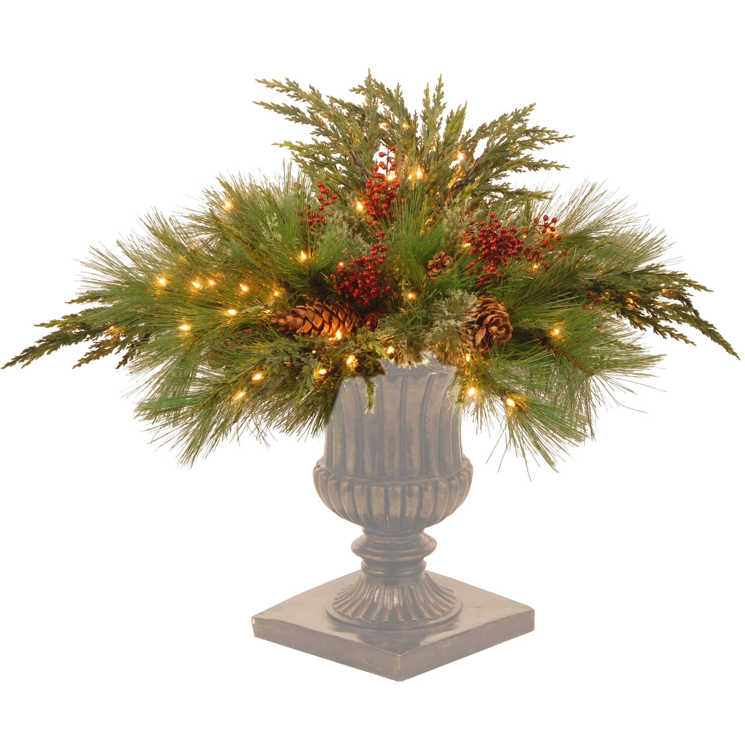 30 Inch Pre-Lit White Pine Urn Filler with Clear Lights - Perfect for Holiday Decor, Christmas Centerpieces, and Winter Home Decor