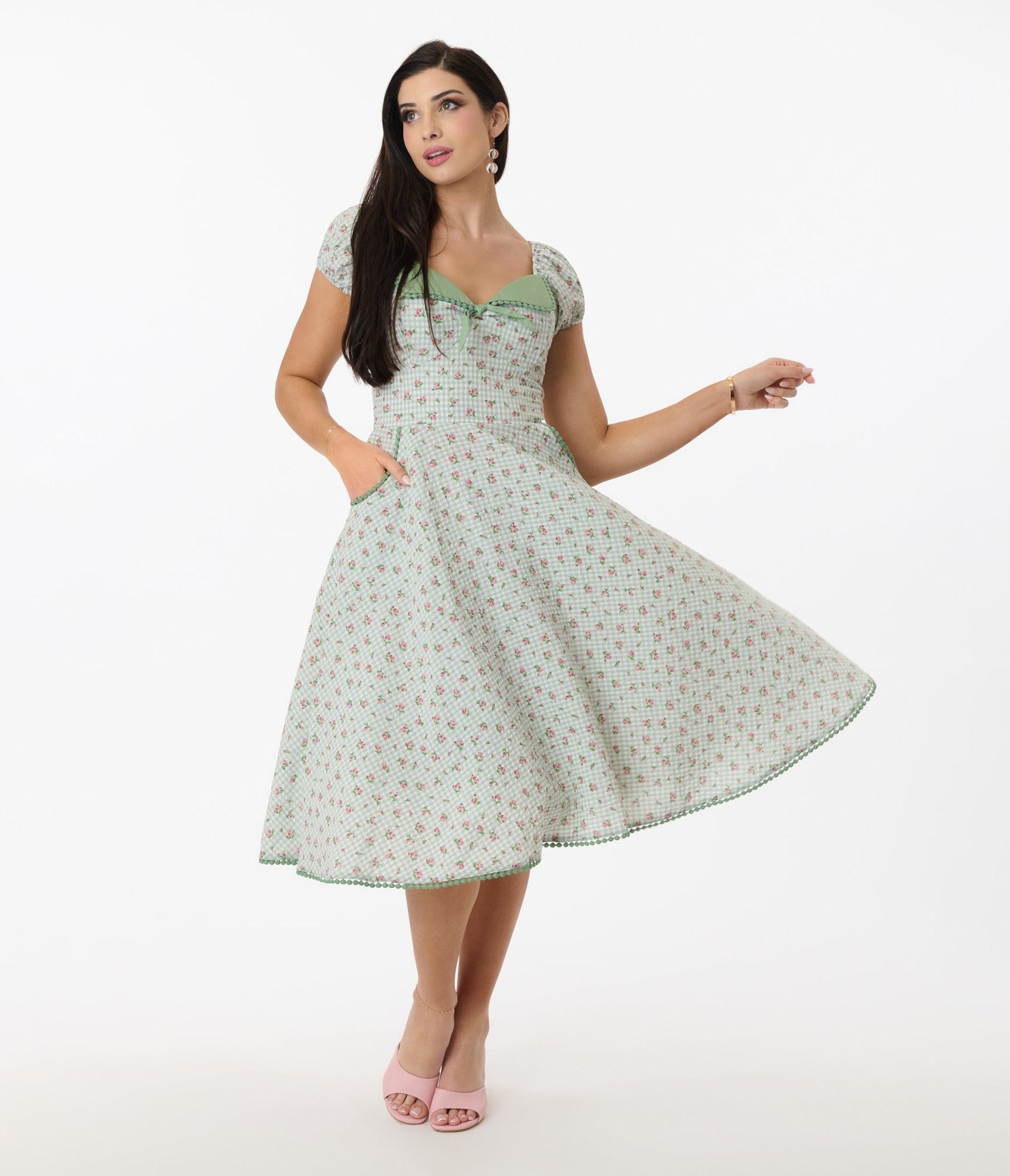 Vintage Green Floral Gingham Print Swing Dress - Retro 50s Style A-Line Dress for Women, Perfect for Tea Parties, Date Nights & Summer Outfits