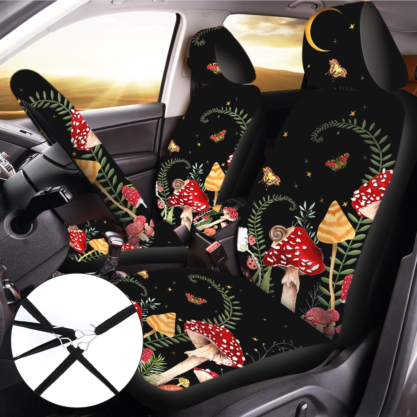 Fabbay 26-Piece Mushroom Car Seat Covers Set with Steering Wheel Cover, Seat Belt Protector, Floor Mats & Armrest Cushions - Dark Aesthetic Auto Interior Accessories for Women - Perfect for Daily Commute & Road Trips