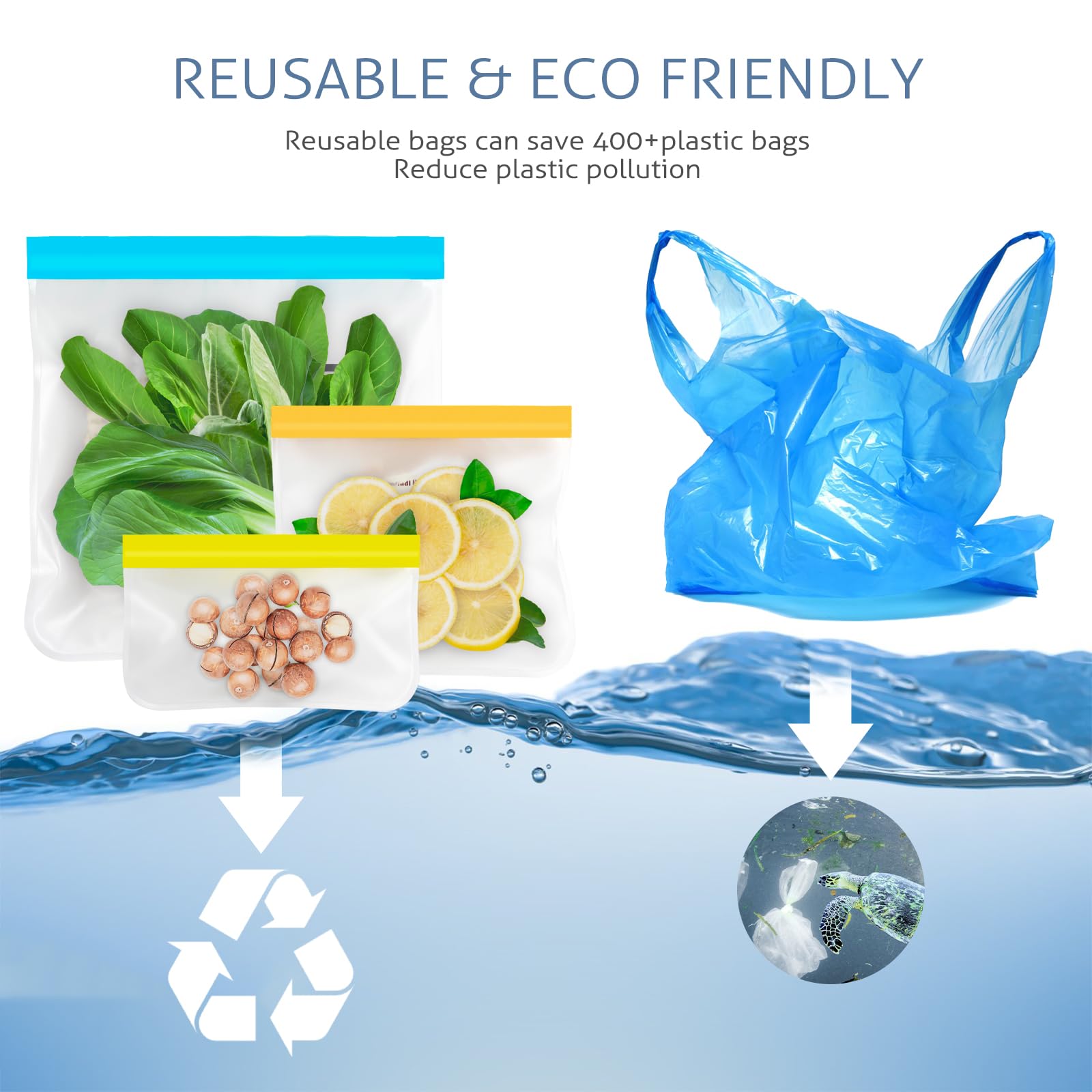 Eco-Friendly Reusable Silicone Food Storage Bags - 10 Pack Dishwasher Safe Freezer Bags (3 Sizes) for Meal Prep, Marinating Meats, Snacks & Travel | Perfect for Kitchen Organization & On-the-Go Lunches