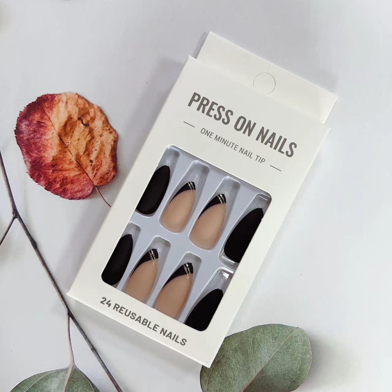 LPOODDNU 24Pcs Fall Press on Nails - Medium Almond Shape Fake Nails with Black Nude French Manicure | Winter Glue on Nails for Women | Perfect for Parties, Weddings & Daily Wear