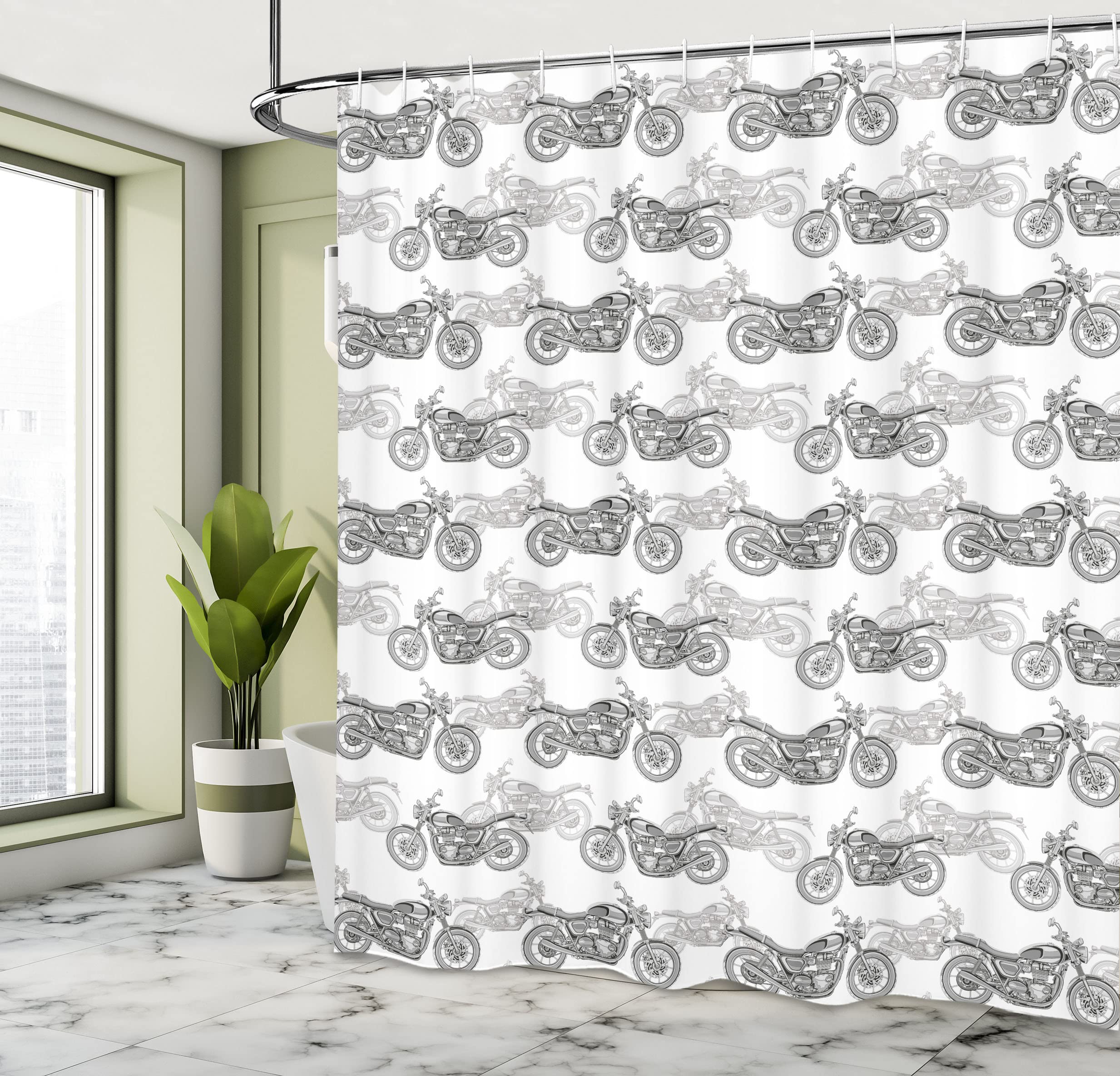 Ambesonne Motorcycle Shower Curtain - Classic Grayscale Motorcycle Design with Intricate Details, 69x70 Inch Waterproof Fabric Bathroom Decor with Hooks (Grey/White/Black) - Perfect for Biker-Themed Bathrooms, Man Caves & Motorcycle Enthusiast Homes