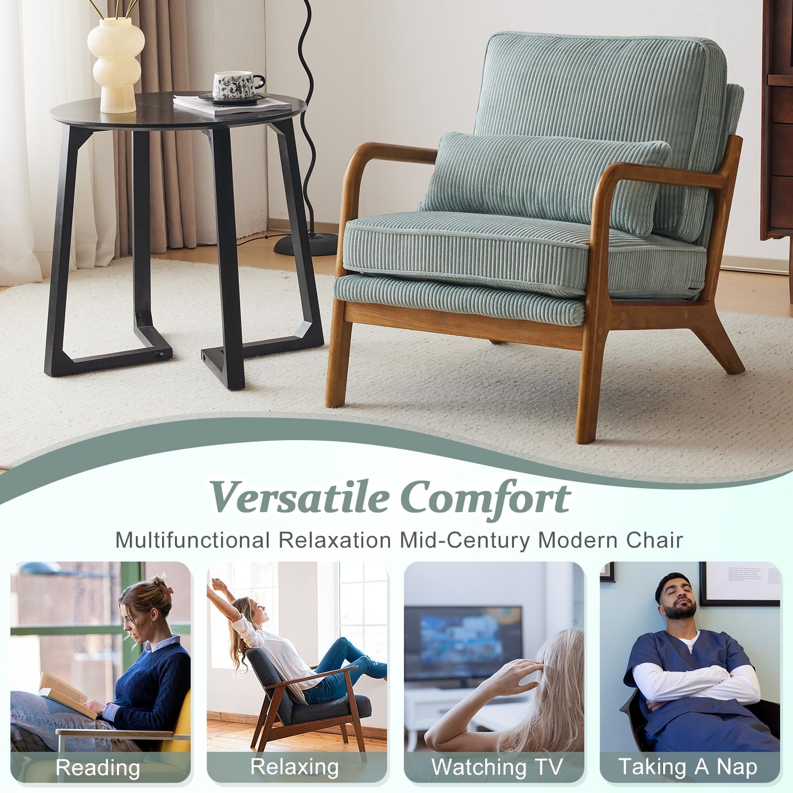 Upgraded Premium Corduroy Accent Chair - Mid Century Modern Upholstered Armchair with Solid Wood Frame & Lumbar Pillow - Comfortable Reading Chair for Living Room, Bedroom, Guest Room - Light Teal - Perfect for Relaxing, Reading & Home Decor