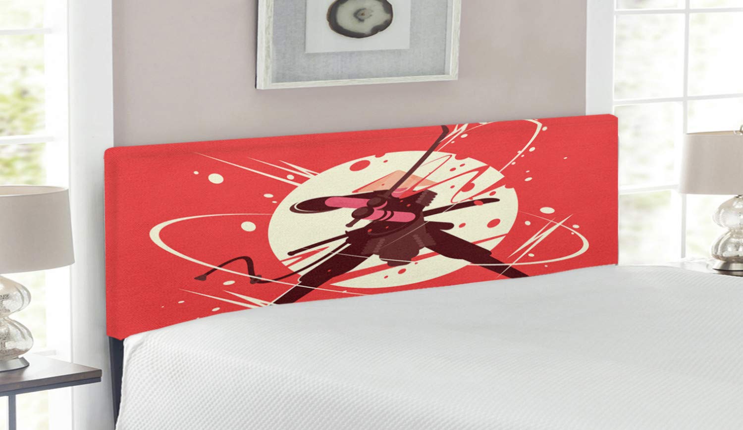 Ambesonne Samurai Headboard - Traditional Japanese Oriental Design with Circular Motif, Upholstered Decorative Metal Bed Frame with Memory Foam - Queen Size in Dark Coral Brown Cream - Perfect for Asian-Themed Bedrooms & Zen Home Decor