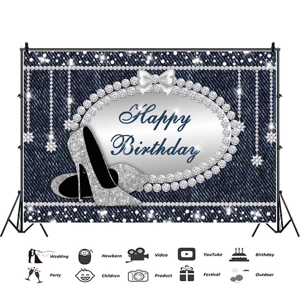 Yeele 10x8ft Vinyl Happy Birthday Party Backdrop - Denim & Diamonds Crystal Shoes Theme Photo Background for Women's Birthday, Photography Studio Props | Perfect for Photo Booth, Ladies Party Decorations & Social Media Shoot