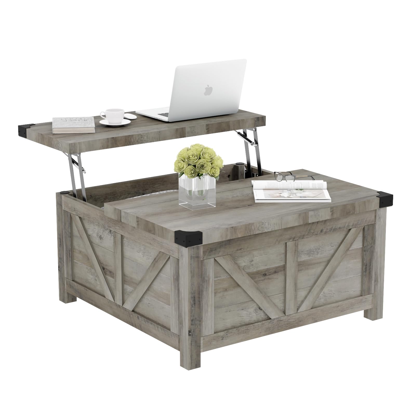 Farmhouse Lift Top Coffee Table with Storage & USB Charging Station - Wood Square Center Table with Large Hidden Compartment - Perfect for Living Room, Bedroom & Home Office - Ideal for Small Space Organization & Modern Home Decor