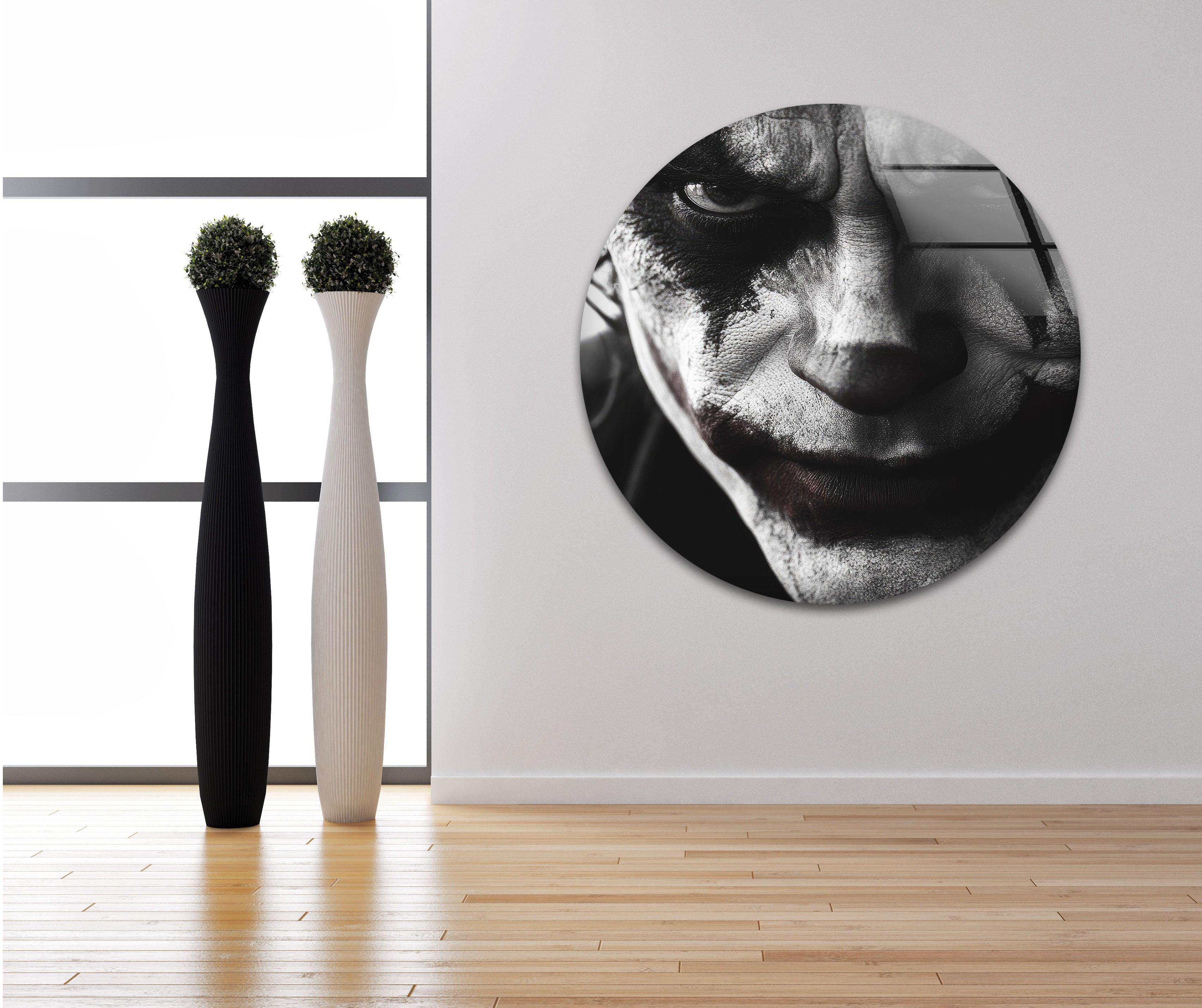 Black and White Joker Glass Wall Art - Modern Home Decor for Living Room, Bedroom & Office - Unique Superhero Themed Glass Painting