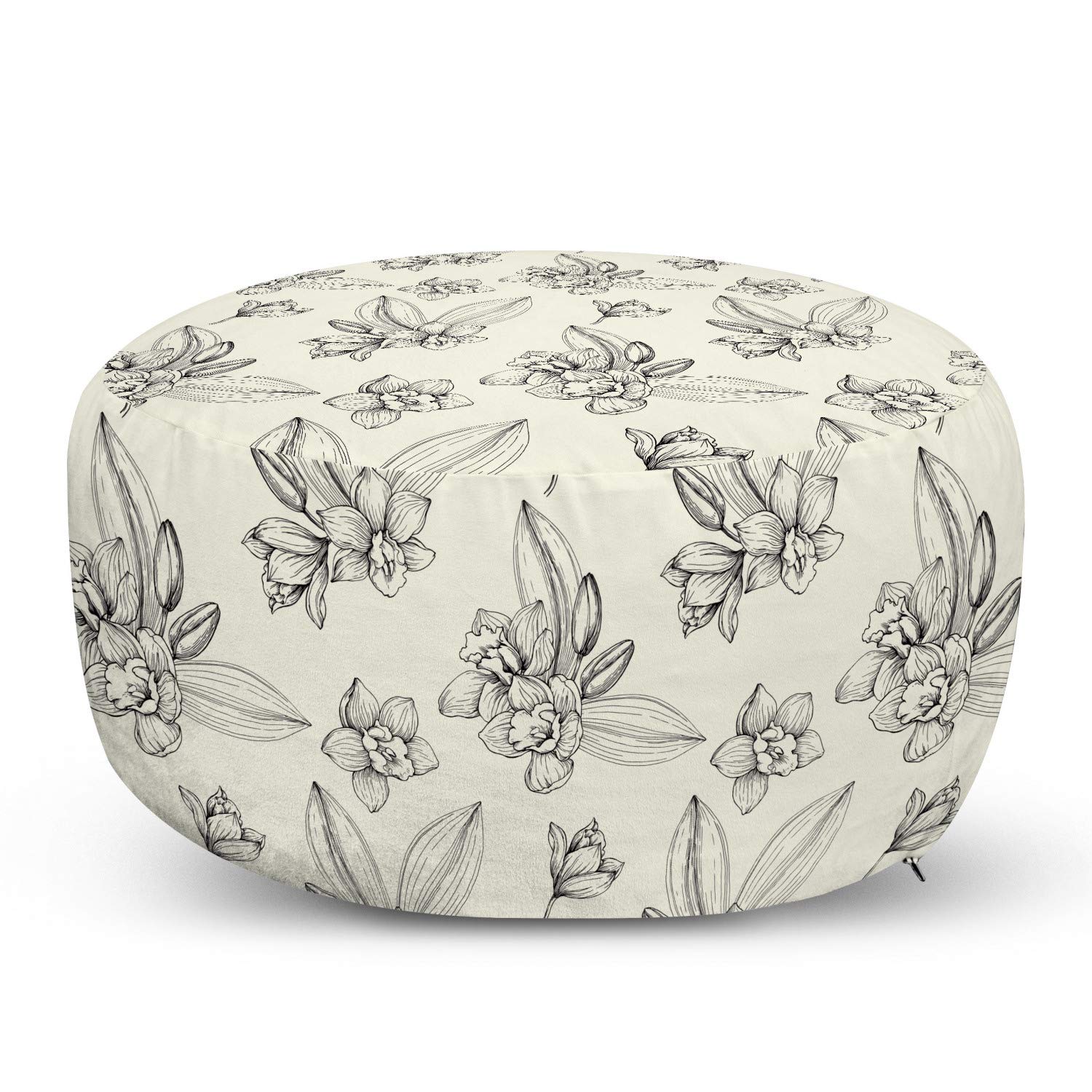 Ambesonne Floral Ottoman Pouf - Vintage Style Hand-Drawn Tropical Orchid Design, Decorative Foot Rest with Removable Cover for Living Room & Bedroom (Cream Charcoal Grey) | Perfect for Home Decor, Lounge Seating & Cozy Reading Nook