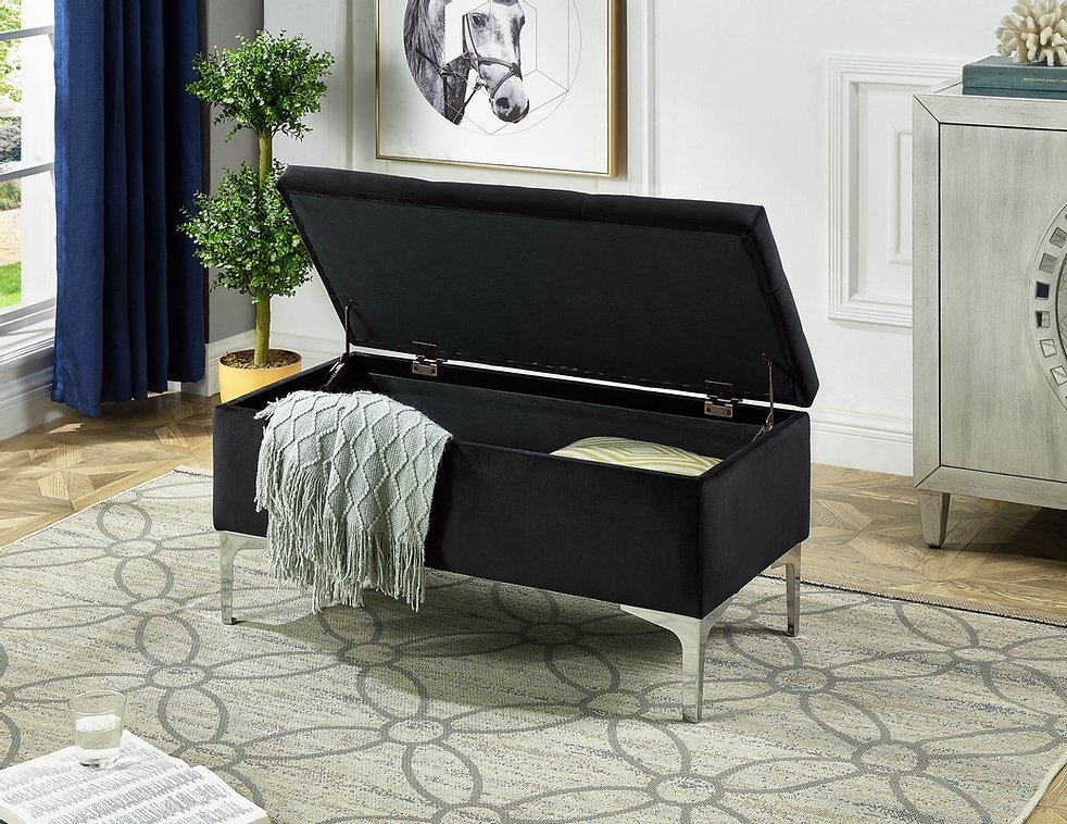 Black Velvet Storage Bench with Deep Tufting - Upholstered Ottoman for Entryway, Bedroom & Living Room - Stylish Seat with Hidden Storage Compartment