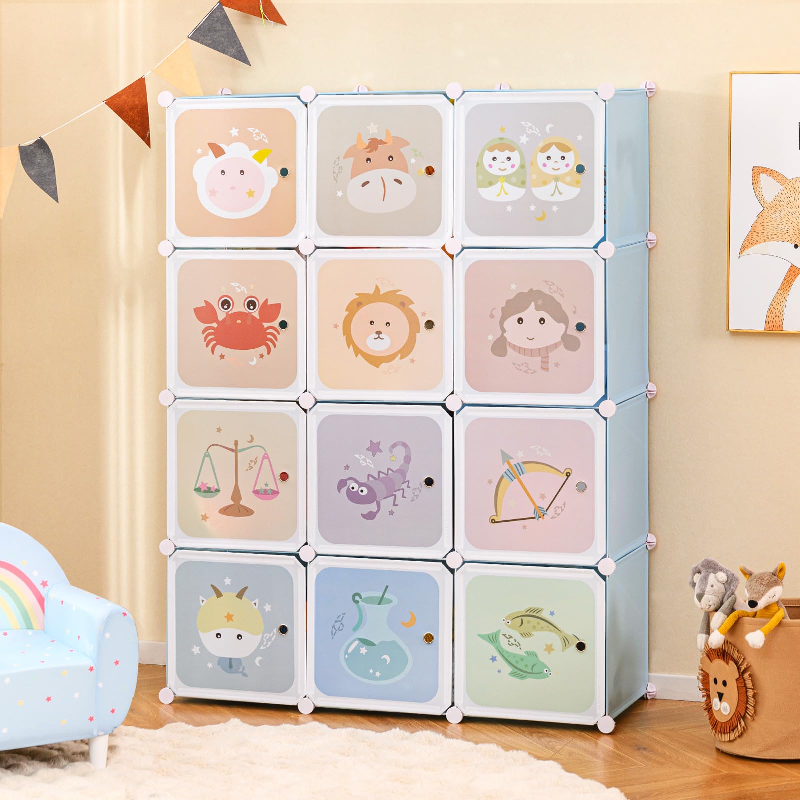 INFANS Kids Wardrobe - 12 Cube 2 Hanging Sections Portable Baby Dresser with Doors, Cute Nursery Closet Organizer for Children's Bedroom | Perfect for Toddler Clothes Storage & Nursery Organization