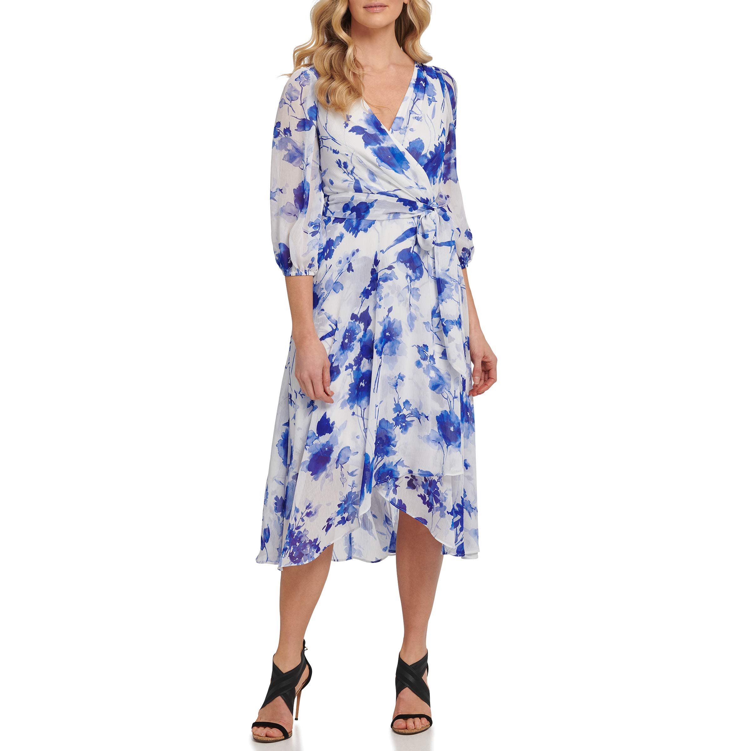 DKNY Women's Faux Wrap Dress - Elegant Sleeveless V-Neck Flowy Midi Dress for Work, Cocktail Party & Special Occasions
