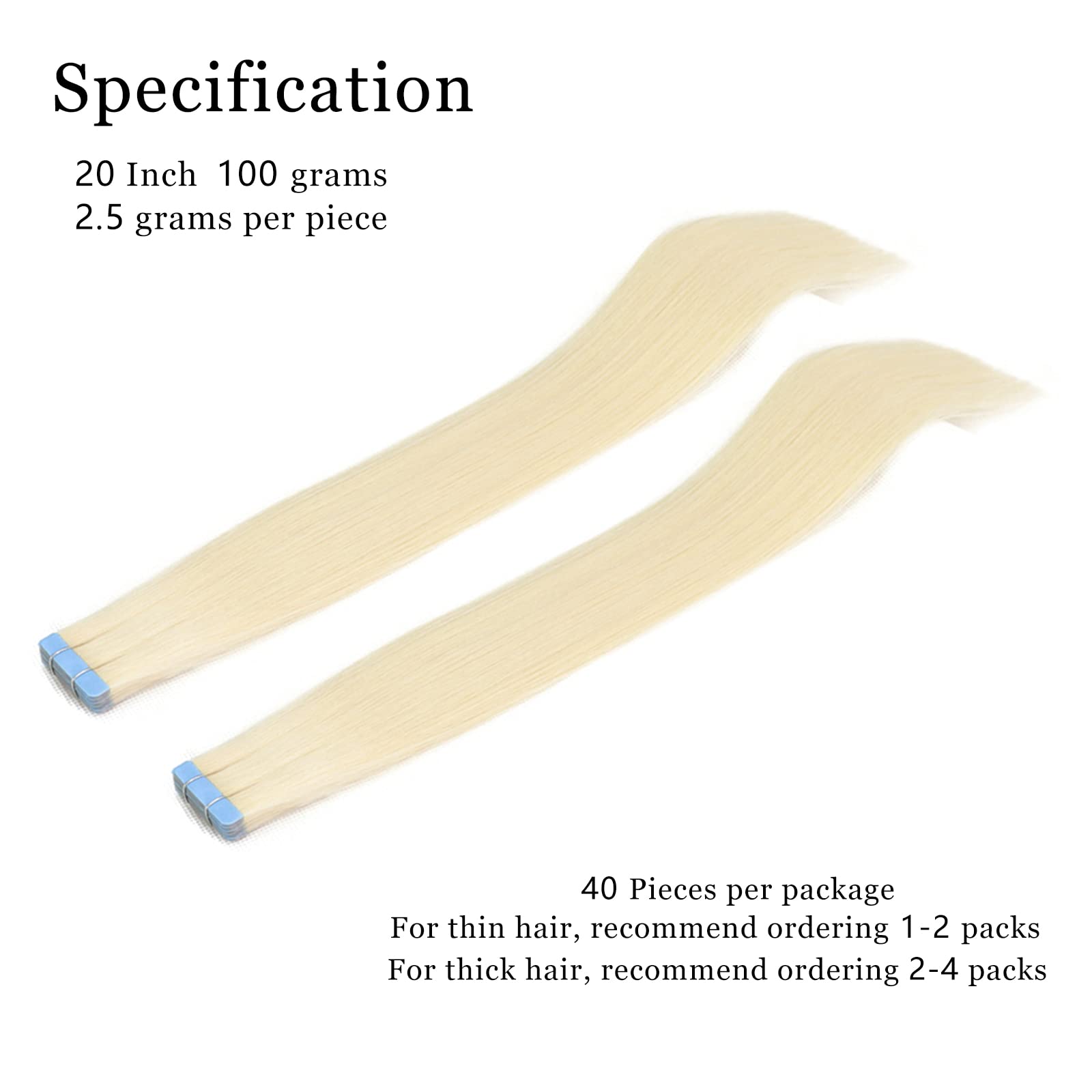 VADES Tape In Hair Extensions 20 Inch - 100% Remy Human Hair, 60 Platinum Blonde, 40 Pieces (100g) - Invisible Seamless Skin Weft for Natural Look | Perfect for Weddings, Parties & Daily Styling