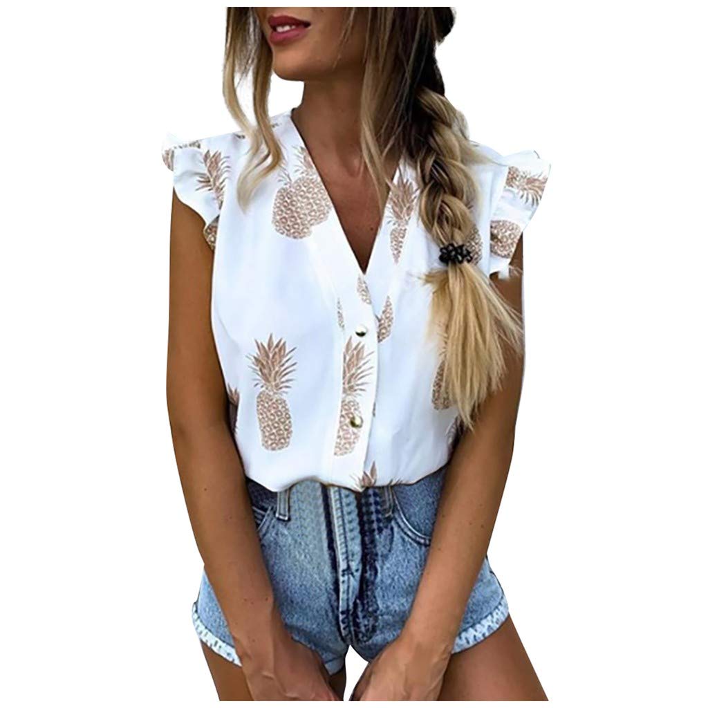 Meikosks Women's Pineapple Print Blouse - Ruffled Sleeveless V-Neck Graphic Pullover Top for Summer Beach Vacation & Tropical Party Outfits