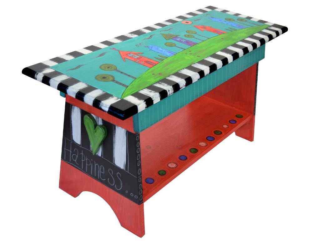 Happy Home 35 Inch Hand-Painted Teal Wood Bench - American Made, Rustic Entryway Seating, Farmhouse Style Hallway Decor