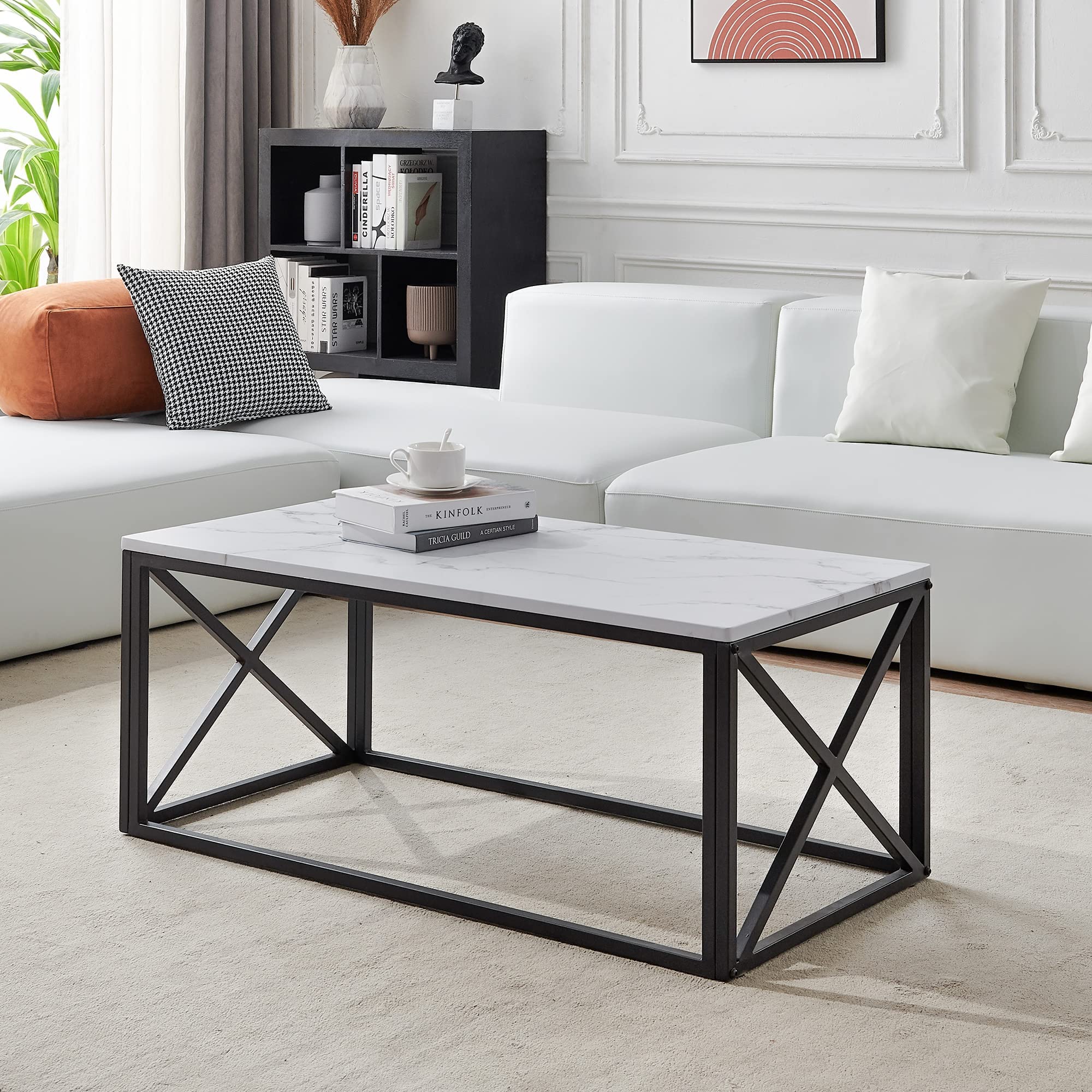 Modern Rectangle Coffee Table with White Faux Marble Top & Black Metal Frame - 43