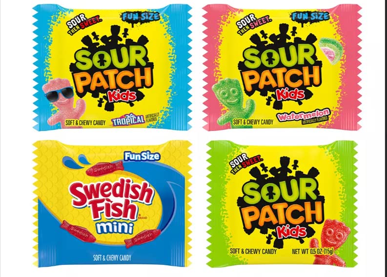 5 lb Bulk Christmas Candy Variety Pack - Sour Patch Kids & Swedish Fish Mini Soft Chewy Candy, Individually Wrapped 0.5 oz Fun Size Pouches (200 Count) - Perfect for Holiday Parties, Stocking Stuffers & Office Treats