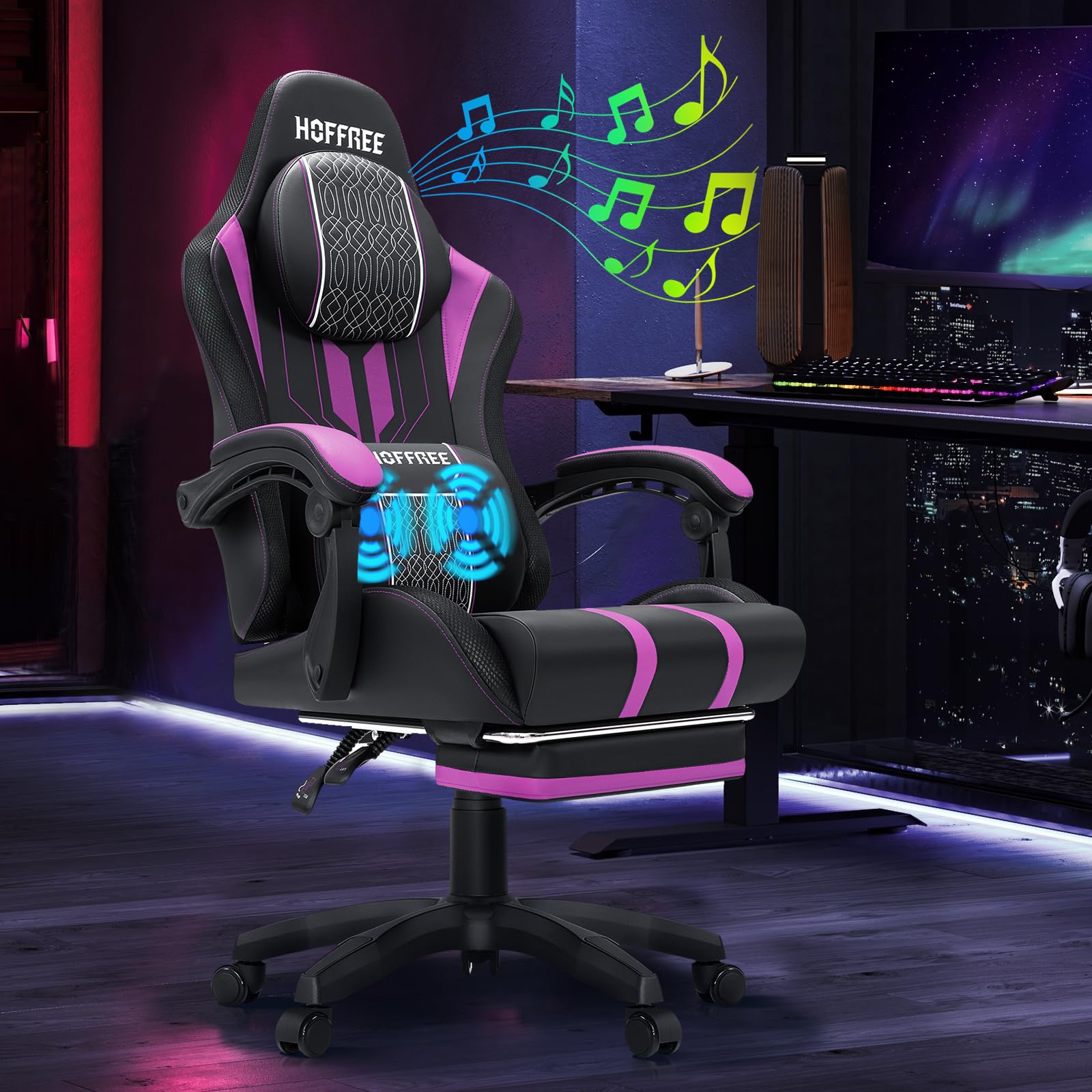 HOFFREE Big and Tall Gaming Chair with Bluetooth Speakers, Massage, Footrest - 400lbs Capacity Reclining High Back Office Computer Desk Chair (Purple & Black) - Perfect for Gaming, Work, and Home Office Use