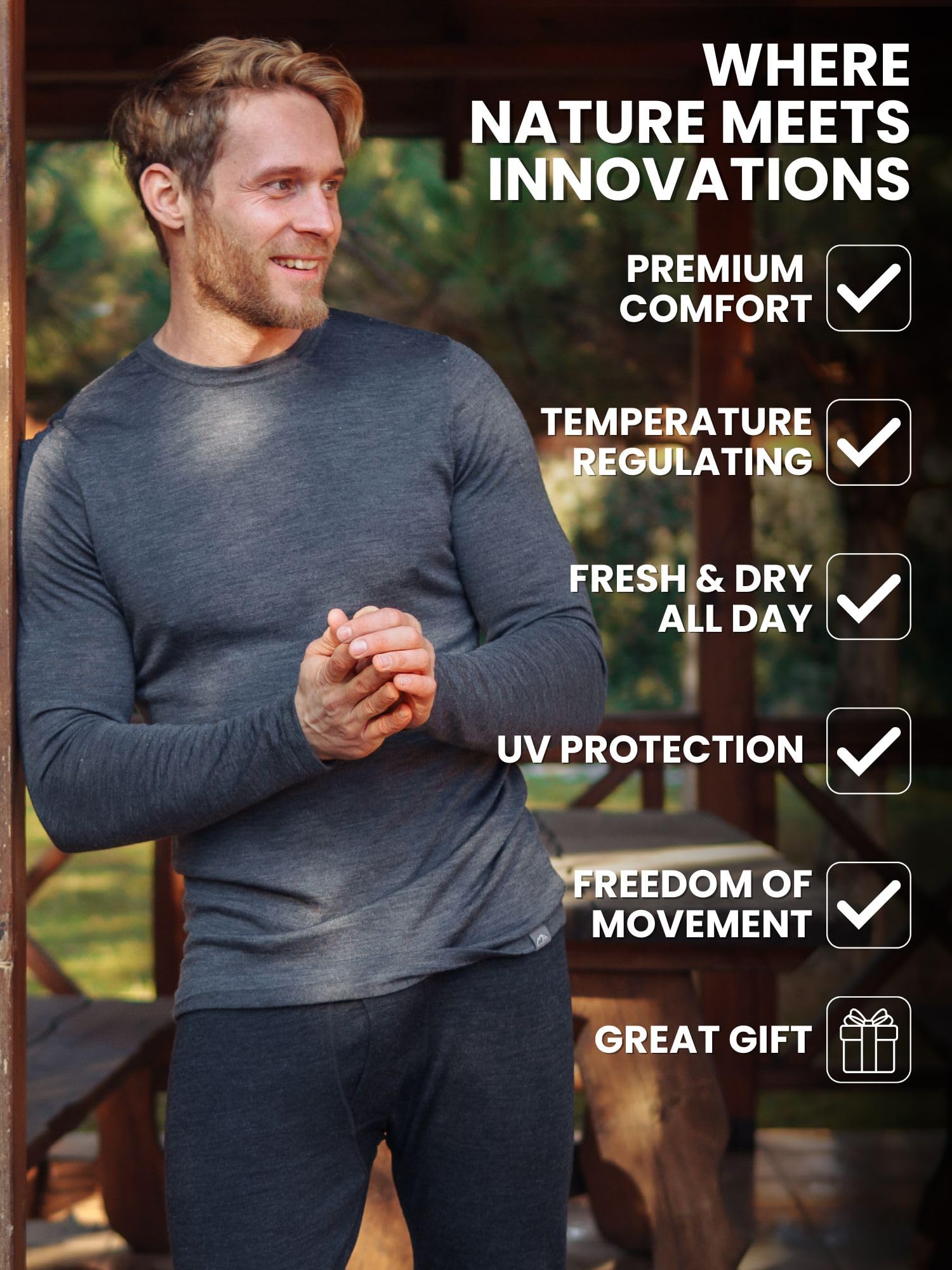 Premium 100% Merino Wool Base Layer for Men - Lightweight, Midweight & Heavyweight Thermal Long Sleeve Shirts with Hiking Socks - Ideal for Hiking, Camping & Winter Outdoor Activities