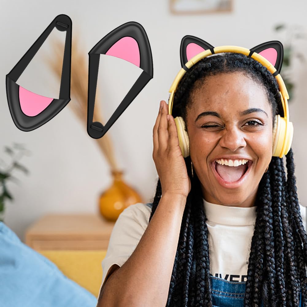 POHOVE 2pcs Cute Cat Ears Headphone Accessories - Adjustable Silicone Kitty Ears for Universal Gaming Headsets, Perfect for Cosplay, Streamers & Anime Lovers (Black/White)