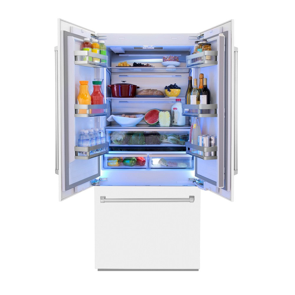 ZLINE 36 Inch 19.6 Cu.Ft French Door Built-In Bottom Freezer Refrigerator with Water Dispenser & Ice Maker - White Matte Finish (RBIV WM 36) | Perfect for Modern Kitchens & Open Concept Homes