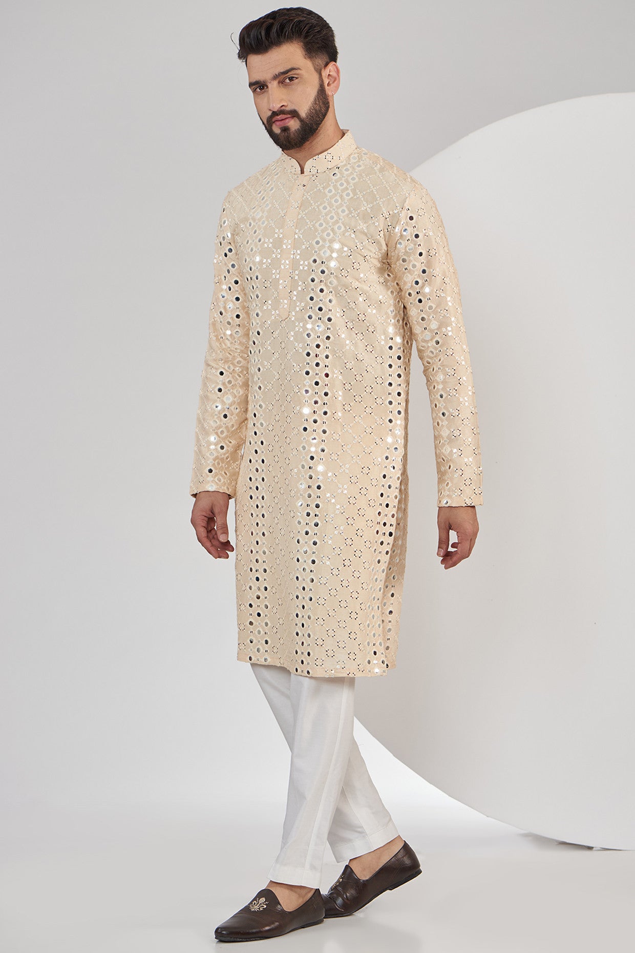 Light Beige Mirrorwork Kurta for Women | Embroidered Ethnic Tunic Top | Boho Chic Indian Apparel | Perfect for Festivals, Weddings & Cultural Events