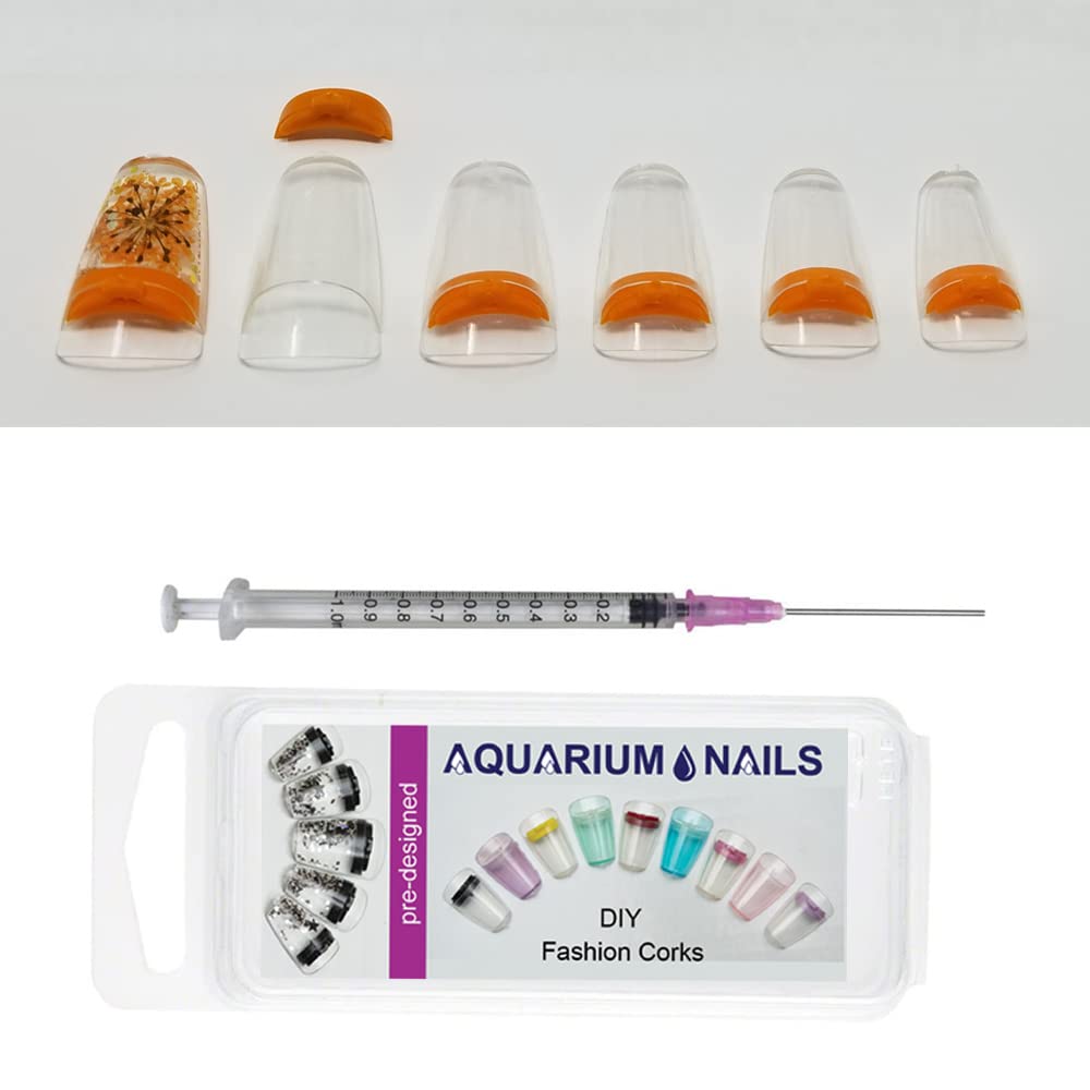 Clear Aquarium False Nail Tips with Orange Cork - Long-Lasting Press-On Nails for Manicures, Parties & Special Occasions