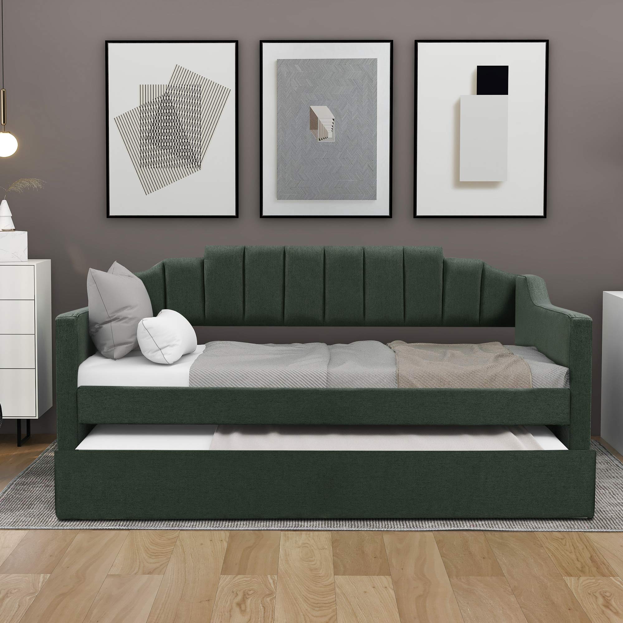 Merax Twin Size Upholstered Daybed with Trundle - Wooden Sofa Bed for Living Room & Bedroom - Wood Slat Support, No Box Spring Needed - Perfect for Guest Rooms, Small Spaces & Multi-Purpose Furniture