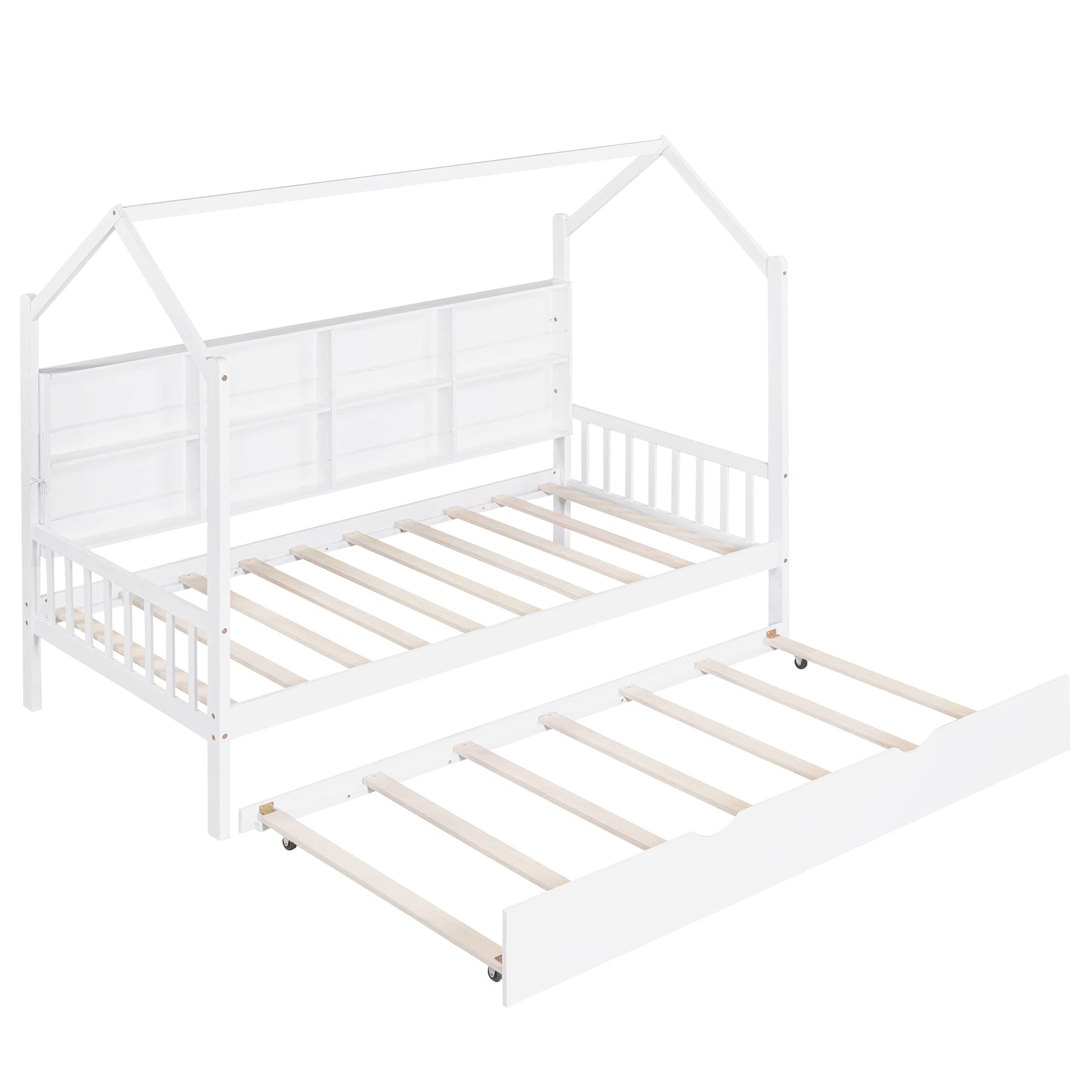 Polibi Twin Size Wooden House Bed with Trundle - 8 Storage Shelves, Roof, Headboard & Footboard - Kids Playhouse Bed for Bedroom & Playroom - Perfect for Sleepovers & Imaginative Play