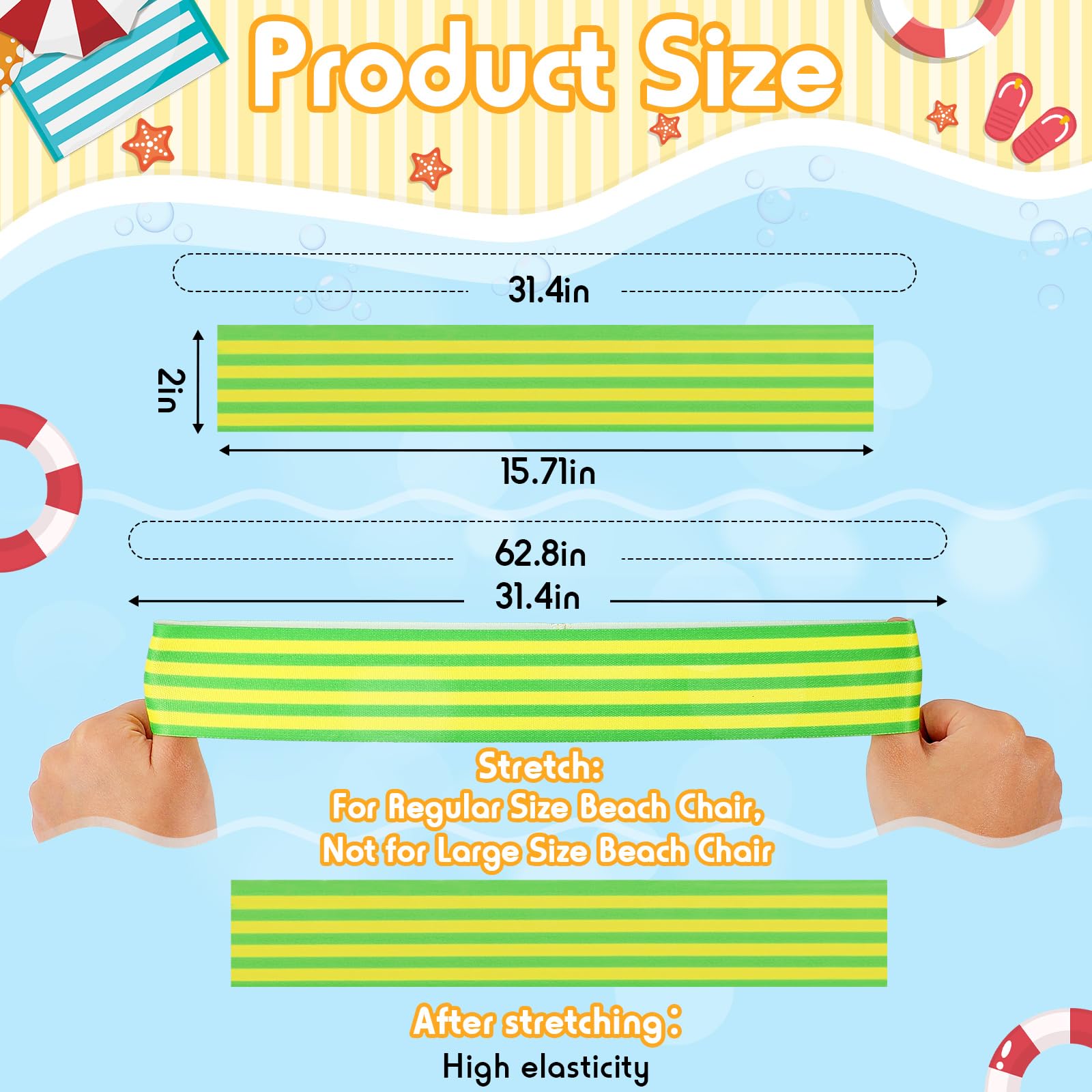 Boao 4-Pack Extra Large 15.75 x 1.97 Inch Windproof Elastic Towel Bands for Beach Chairs, Pool Loungers & Cruise Deck Chairs - Durable Strap Clips for Summer, Vacation & Hawaiian-Themed Accessories (Striped Pattern) - Perfect for Securing Towels at Resorts, Hotels and Backyard Pools