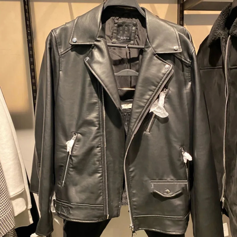 2023 Men's PU Leather Jacket - Fashionable Lapel Darkwear Zipper Coat for Autumn | American Style Solid Color Outerwear | Perfect for Casual Wear, Night Out & Motorcycle Riding