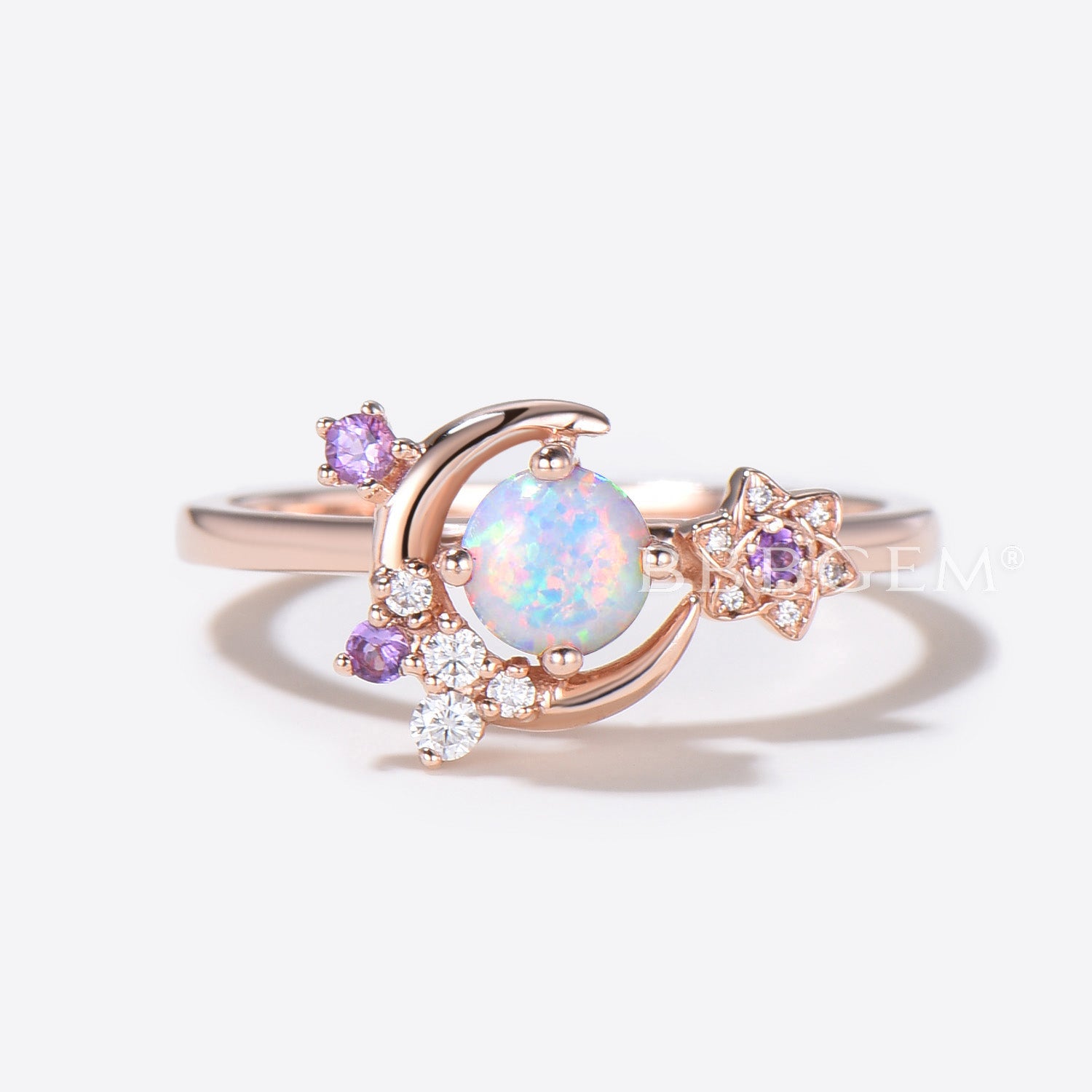 Moon Star Round Opal Engagement Ring 14K Rose Gold Flower Moissanite Diamond Wedding Ring for Women - Perfect for Proposals, Anniversaries & Bridal Jewelry