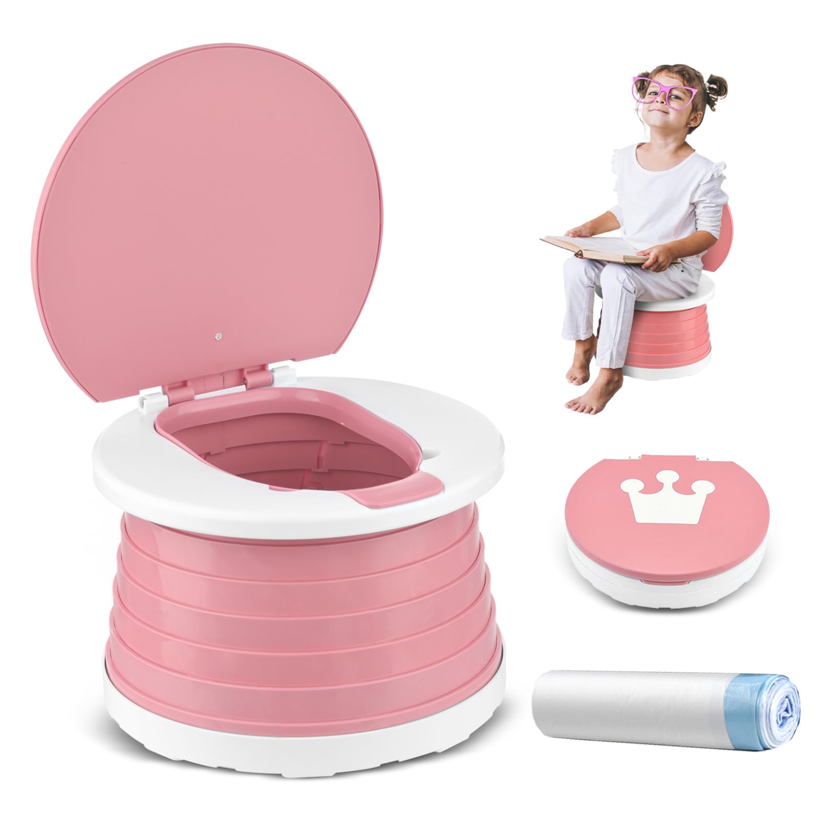Portable Foldable Travel Potty Seat for Toddlers - Kids Training Toilet for Boys & Girls - Car Potty Chair for Camping, Park & Outdoor Use - Indoor/Outdoor Potty Trainer (Pink) - Perfect for Travel, Road Trips & Potty Training On The Go