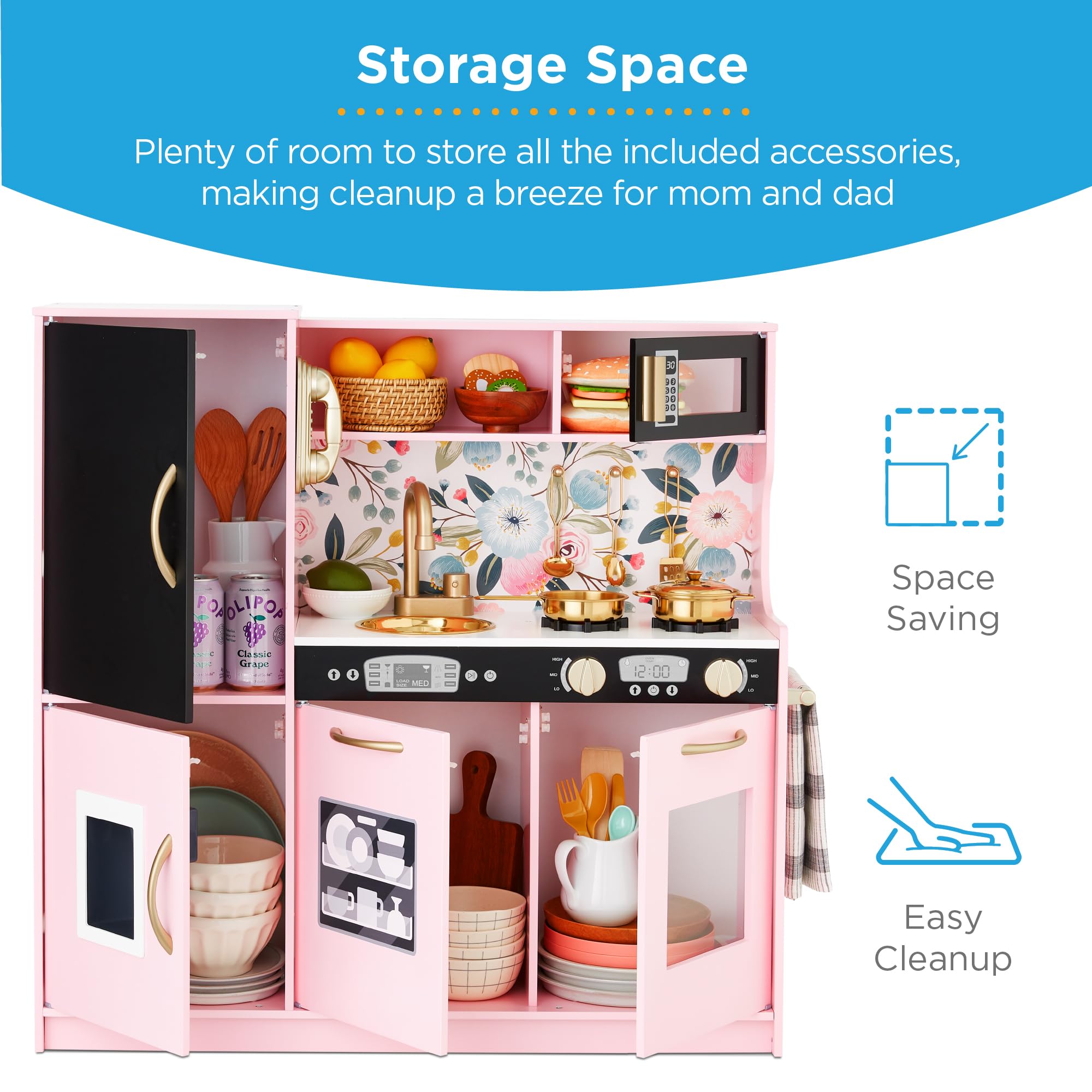 Best Choice Products Wooden Pretend Play Kitchen Toy Set for Kids - Realistic Design with Telephone, Utensils, Oven, Microwave & Sink - Pink Floral - Perfect for Imaginative Play, Role-Playing & Early Learning Development