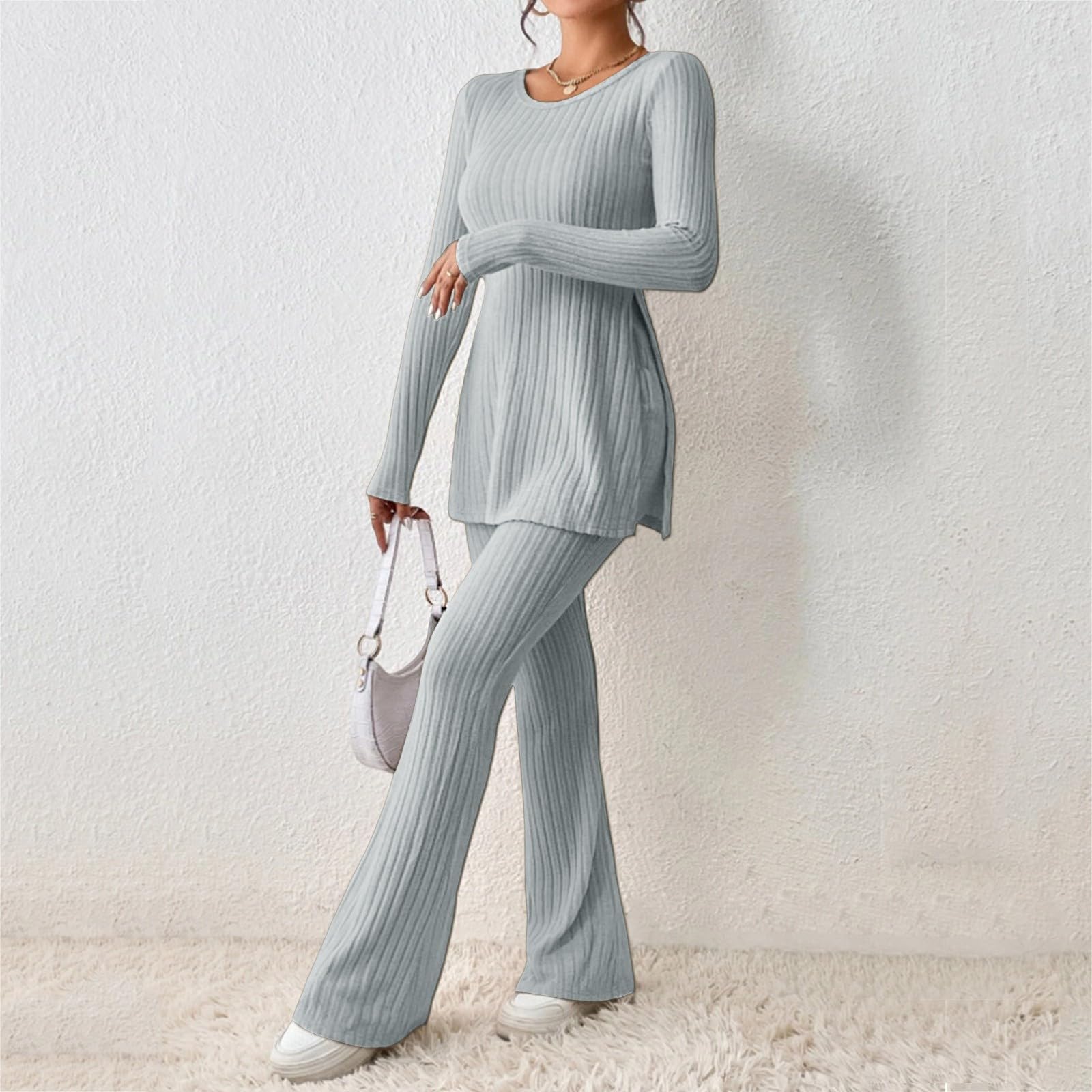 Women's 2-Piece Outfit Set - Soft Comfy Crew Neck Long Sleeve Top & Wide Leg Pants | Cute Lounge & Sleepwear for Home, Beach & Fall Season | Casual Pajama Set for Relaxation & Travel