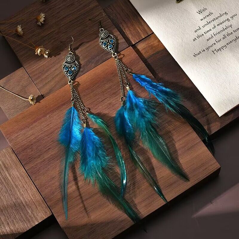 Vintage Chain Tassel Bohemian Feather Earrings for Women - Handmade Boho Chic Jewelry for Parties, Festivals & Everyday Wear