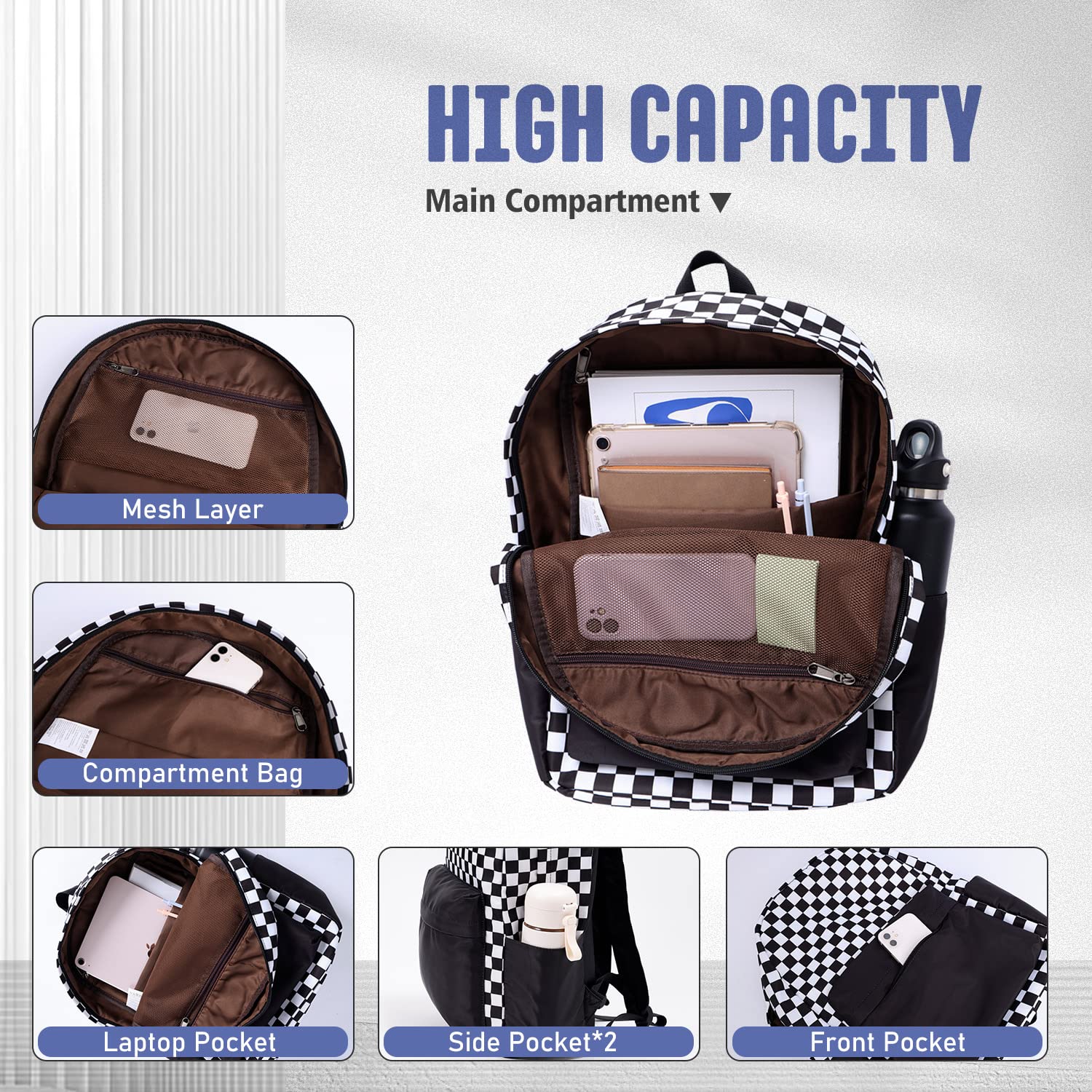 Checkered Backpack for Kids - Large Capacity Waterproof School Backpack, Lightweight & Durable - Perfect for School, Travel & Outdoor Activities