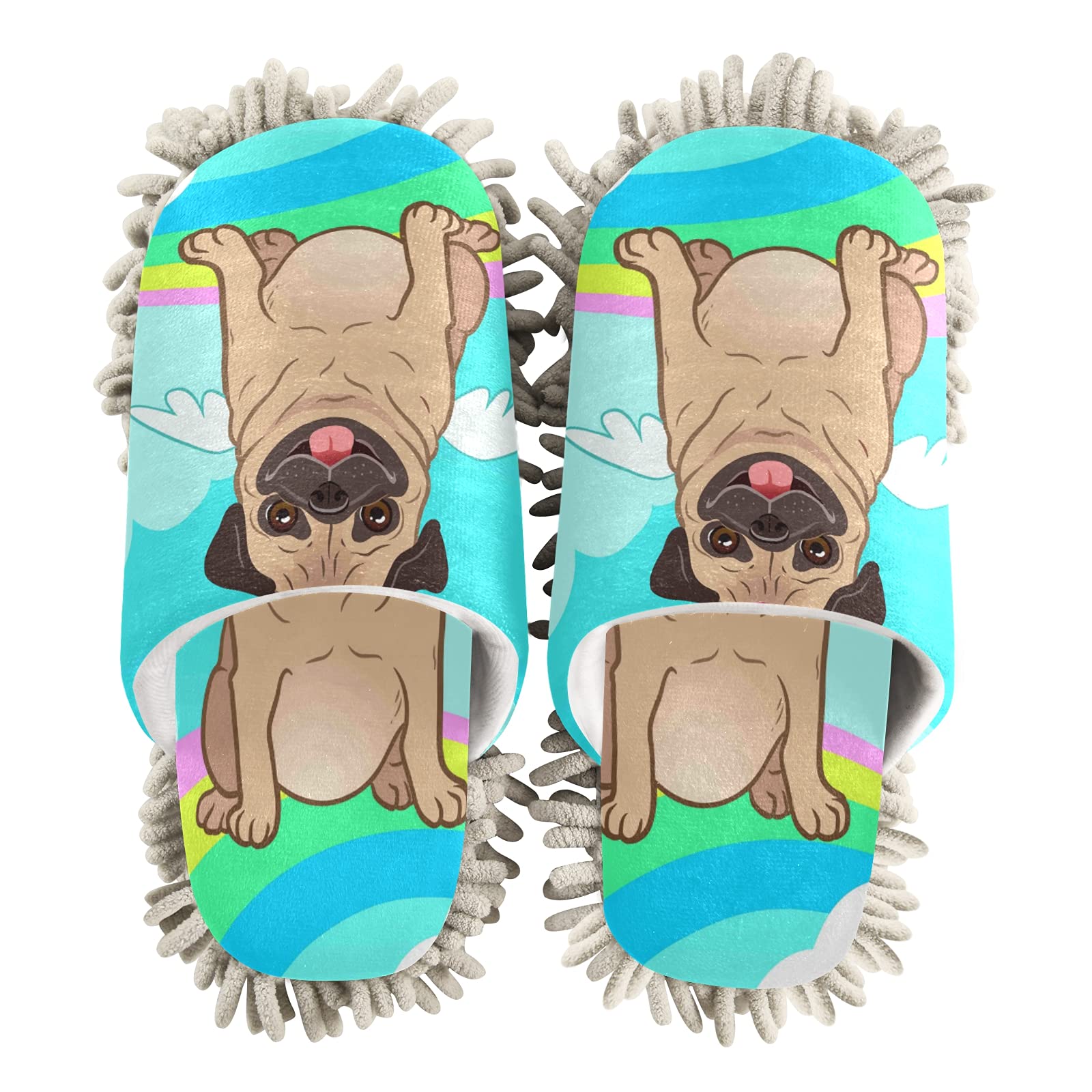 Pug Dog Unicorn Mop Slippers - Rainbow Puppy Animal Cloud House Shoes for Men & Women | Non-Slip Spa & Dusting Slippers for Home Cleaning & Relaxation