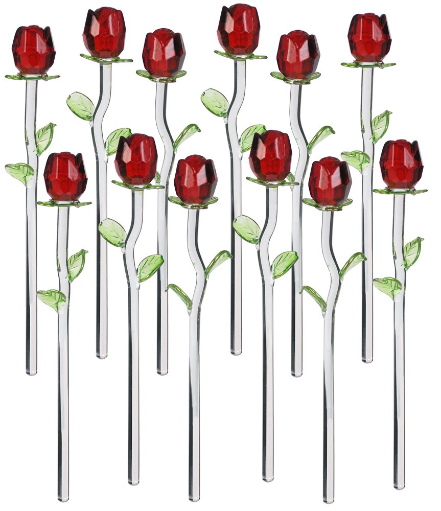 12 Pack Glass Red Rose Flowers - Crystal Red Roses with Long Stem & Green Leaves - Forever Roses for Mom - Perfect for Home Decor, Wedding Centerpieces, Anniversary Gifts & Valentine's Day Presents