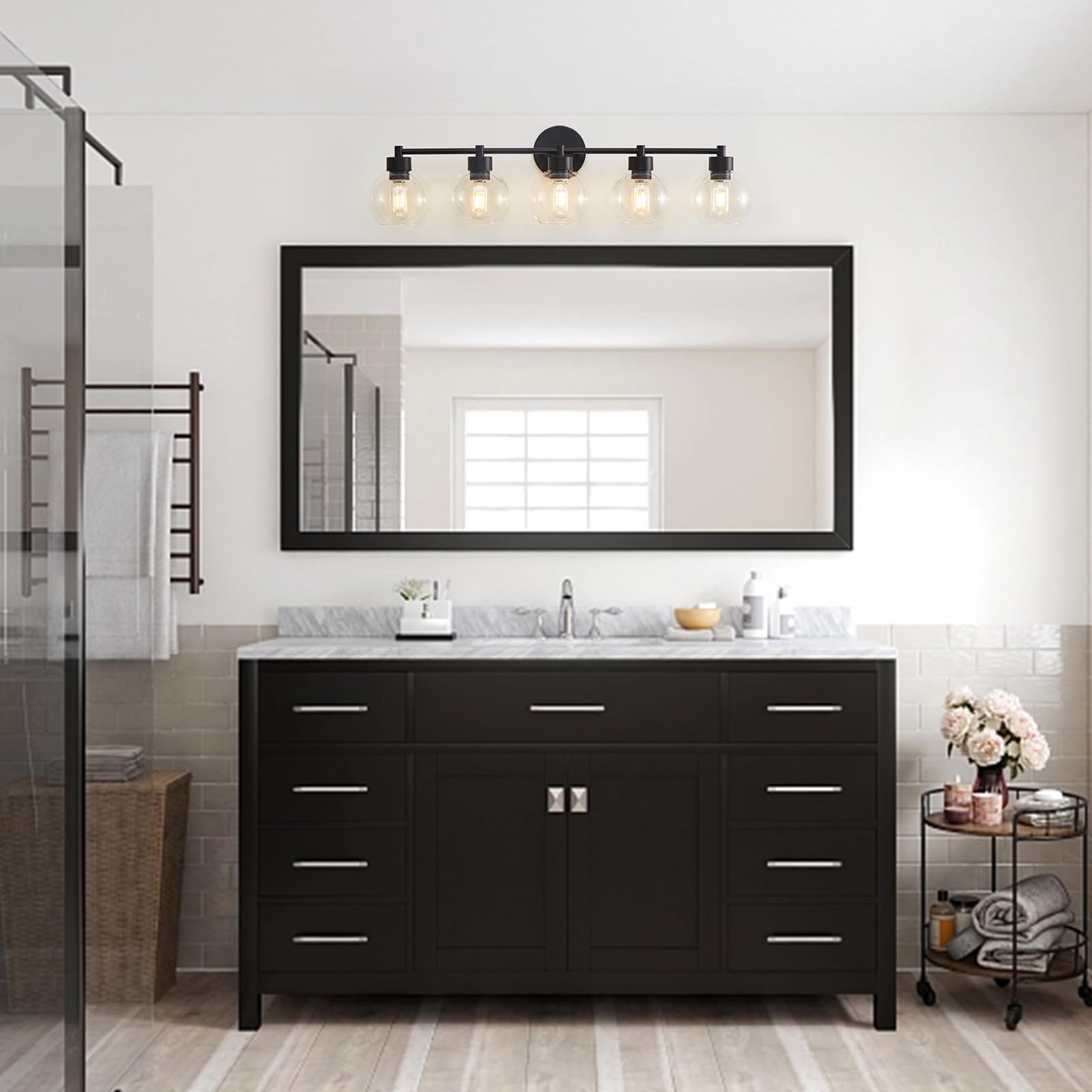 Matte Black 5-Light Bathroom Vanity Light with Globe Glass Shade & Metal Base - Modern Lighting Fixture for Bathroom Mirror, Stairs, Kitchen, Hallway, and Entryway