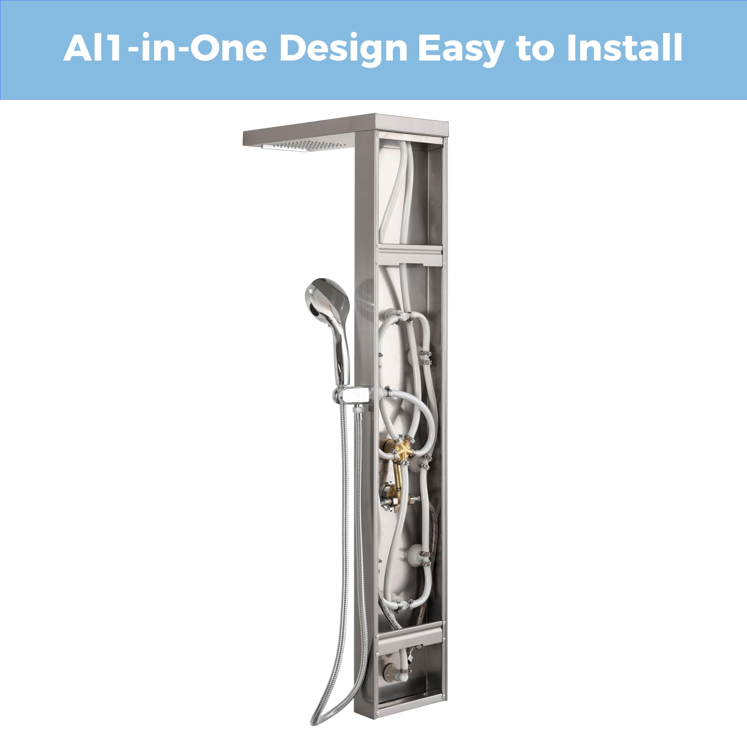 DELAVIN Stainless Steel Shower Panel Tower System - 5-Function Full Body Shower with Rainfall, Waterfall, Massage Jets, Tub Spout & Handheld Showerhead in Brushed Nickel | Perfect for Luxury Bathroom Renovation & Spa-Like Shower Experience