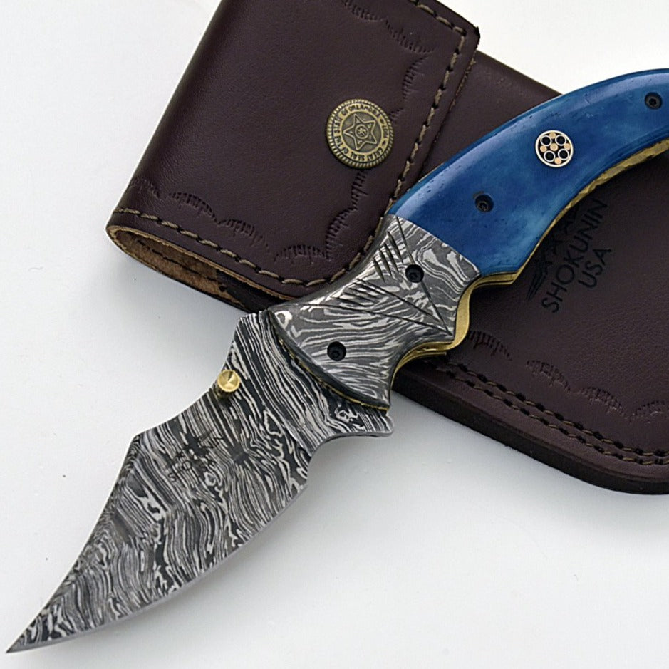 Premium Damascus Steel Pocket Knife with Genuine Bone Handle - Compact, Durable & Sharp for Outdoor Adventures, Camping & Everyday Carry (EDC)