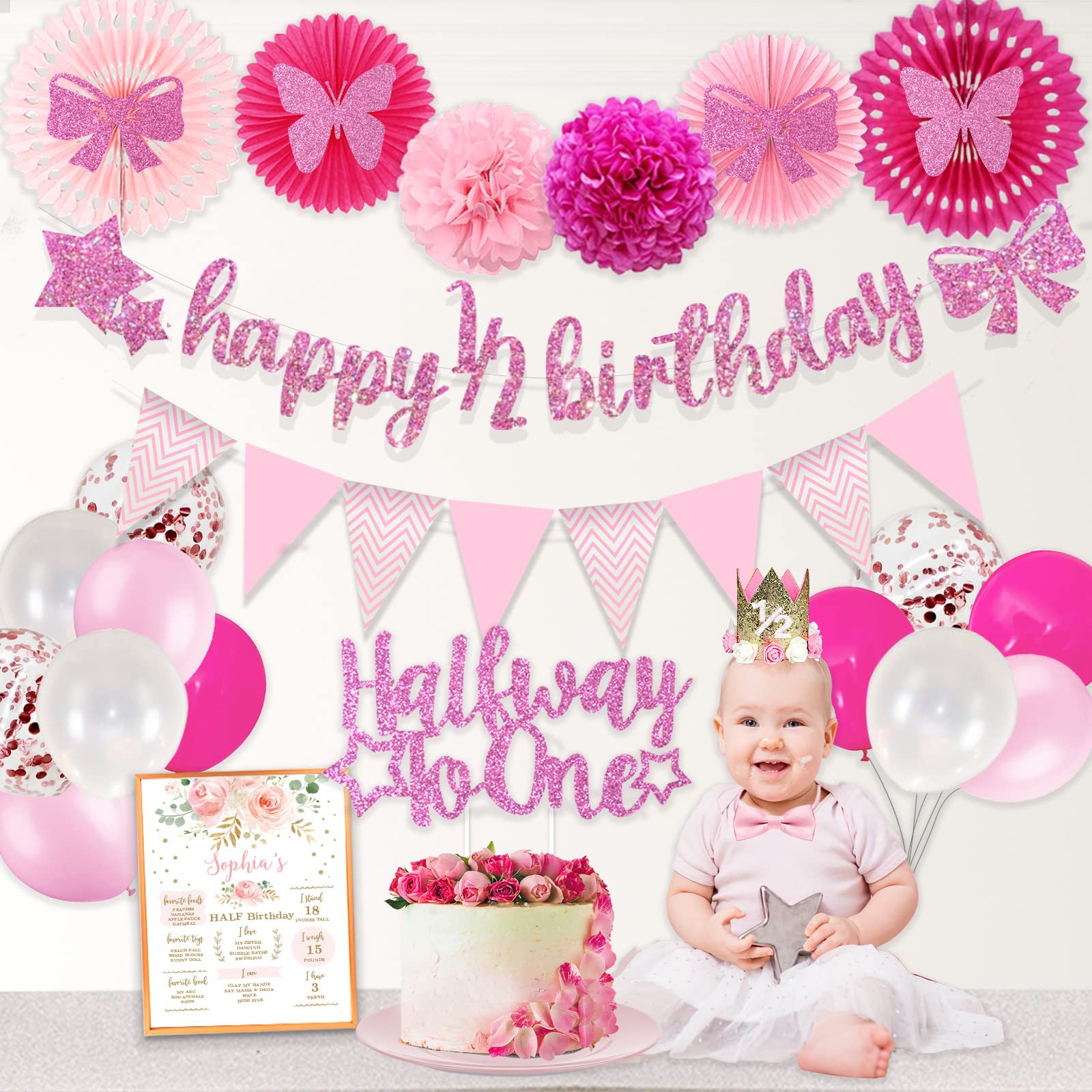 Pink Rose Gold Glitter Half Birthday Banner & Triangle Flag Decorations for Baby Girl - 6 Months & 12 Months Birthday Party Supplies, Includes Birthday Hat - Perfect for First Half Birthday Celebrations, Photo Backdrops & Milestone Parties