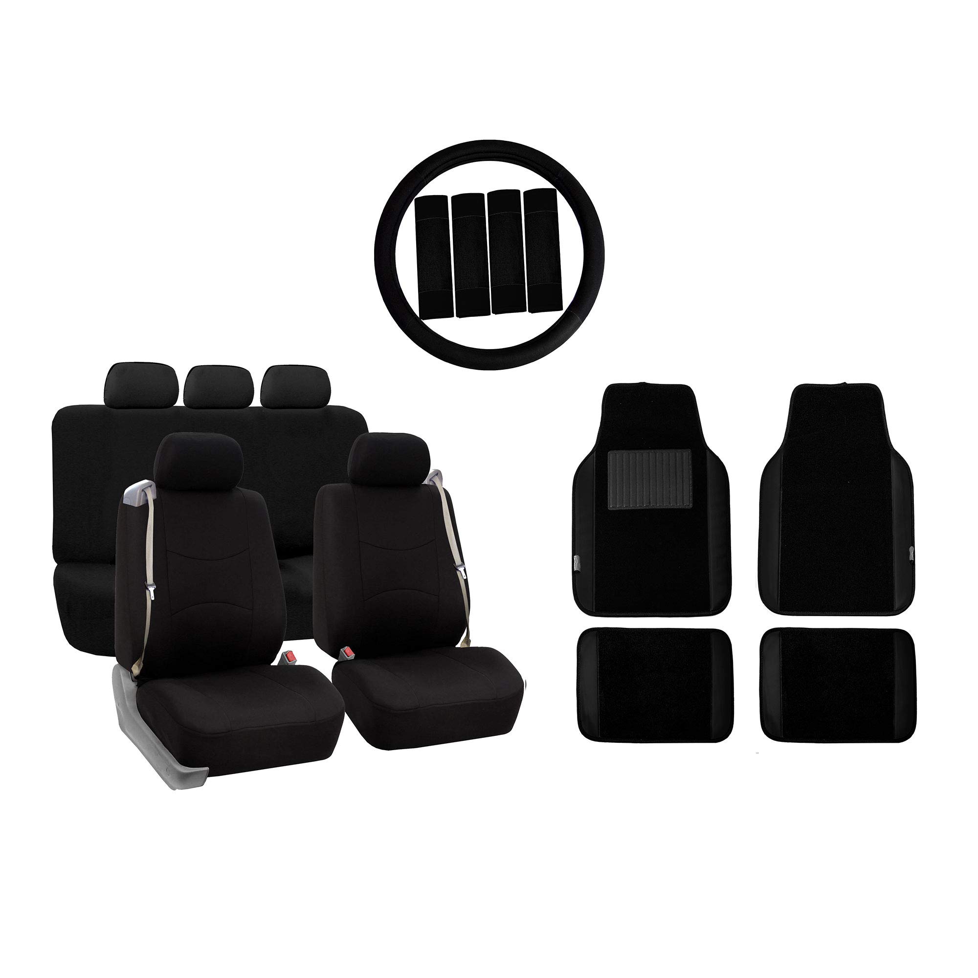 TLH Flat Cloth Built-in Seat Belt Car Seat Covers Full Set with Airbag Compatibility - Includes Carpet Floor Mats & Steering Wheel Cover (Black Combo) | Perfect for SUV, Truck & Sedan Interior Protection & Comfort