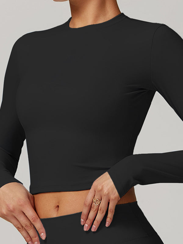 ZASUWA Women's Solid Color Quick Dry Elastic Tight Long Sleeve Workout Tops - Perfect for Yoga, Running & Gym Training