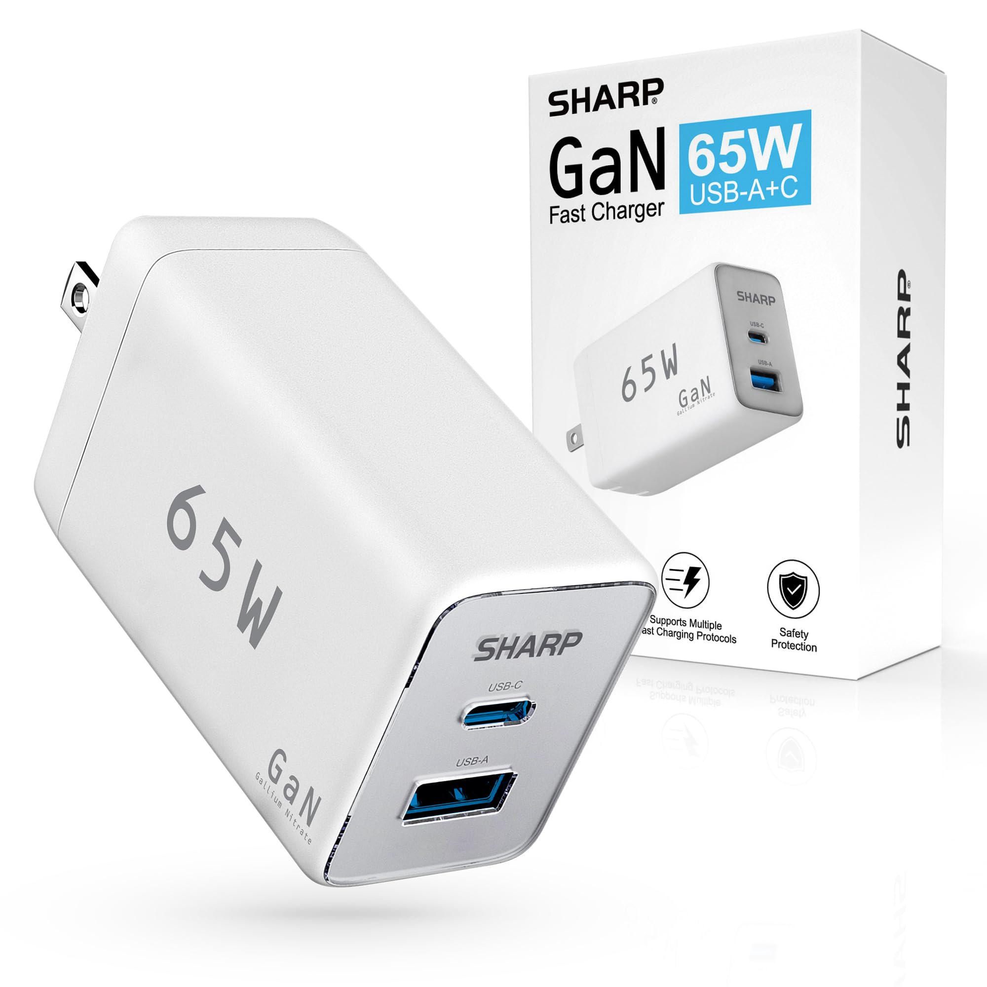 65W GaN Fast Charger with USB C & USB A Ports - Compact Foldable Wall Charger for MacBook Pro/Air, iPad Pro, Galaxy S23, Dell XPS 13, iPhone 15/Pro - Perfect for Travel, Office & Home Use - White (G451A1CU-WHT)