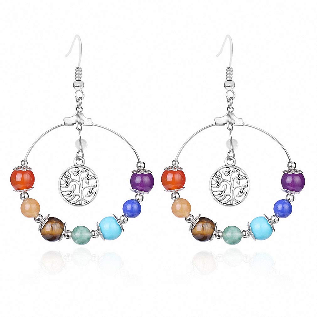7 Chakra Tree of Life Drop Earrings for Women - Natural Round Gemstone Beaded Dangle Earrings with Reiki Healing Crystals - Boho Jewelry Gift for Yoga, Meditation & Spiritual Healing (Style E769)