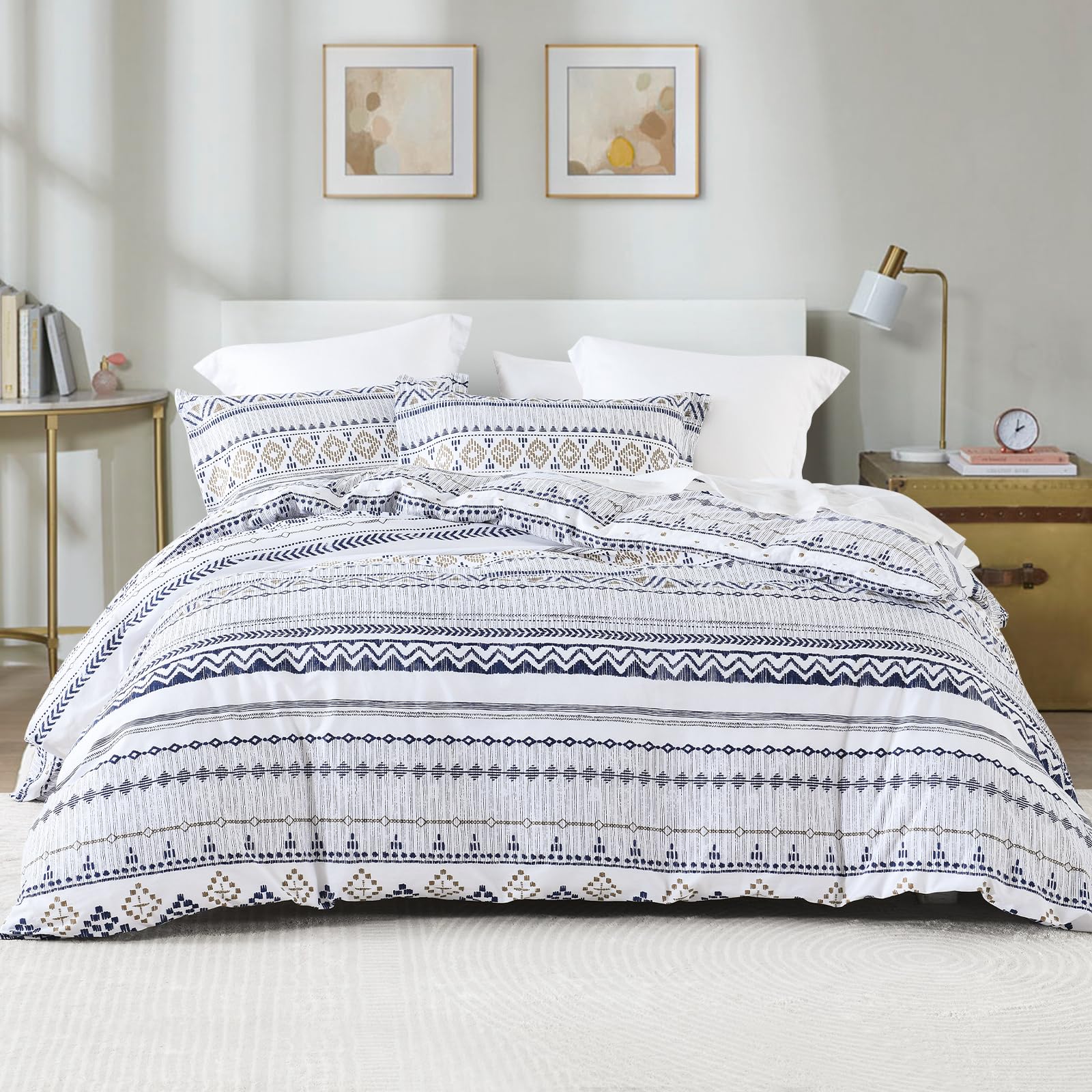 Boho Duvet Cover King Size - 100% Cotton Soft Aztec Print Bedding Set in White, Navy Blue & Beige with Taupe Wave Patterns | OEKO-TEX Certified | Zipper Closure (Comforter Not Included) | Perfect for Bohemian & Eclectic Bedroom Decor
