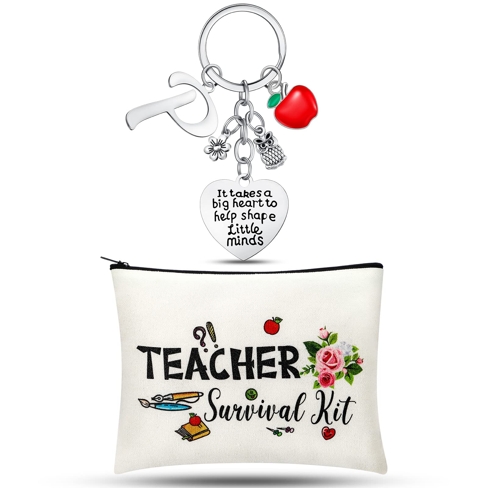 Personalized Teacher Appreciation Gift Set - Custom Initial Keychain & Thank You Makeup Pouch Bag for Educators | Perfect for End of Year, Christmas, Teacher's Day & Retirement Gifts